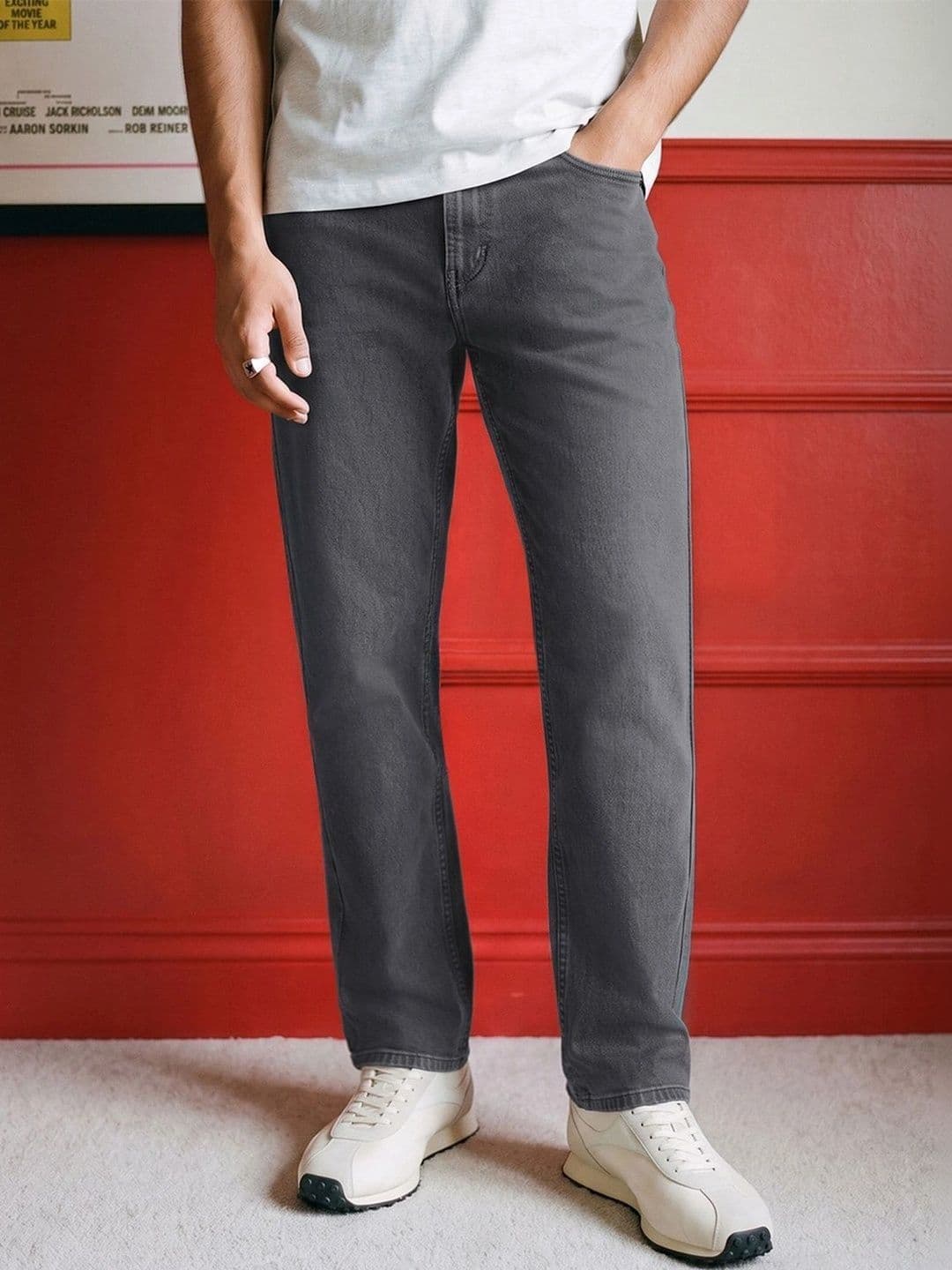 Bewakoof Men's Grey Washed Slim Straight Fit Mid-Rise Jeans - view 1