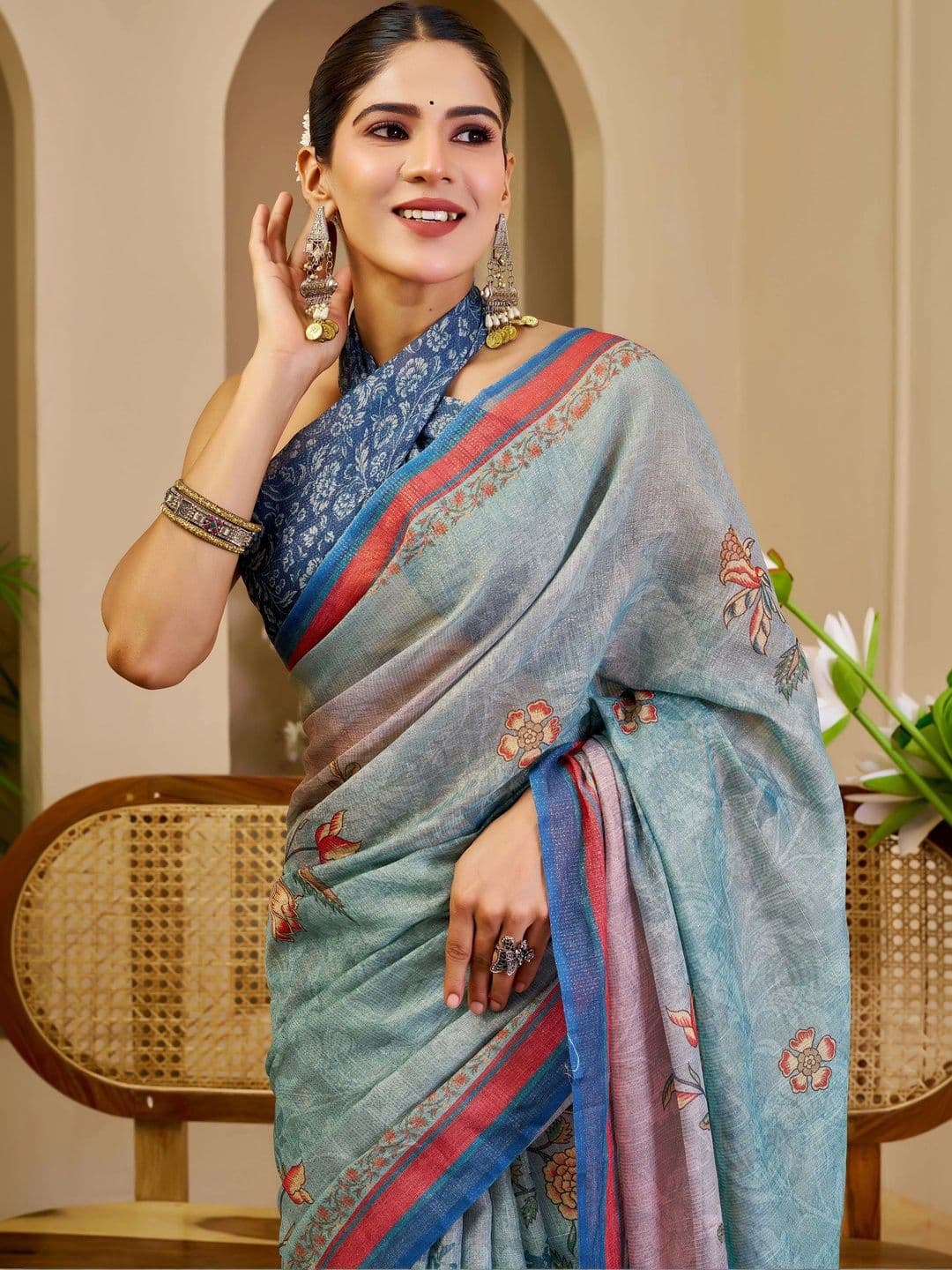 HERE&NOW Floral Silk Cotton Fusion Saree thumbnail 2