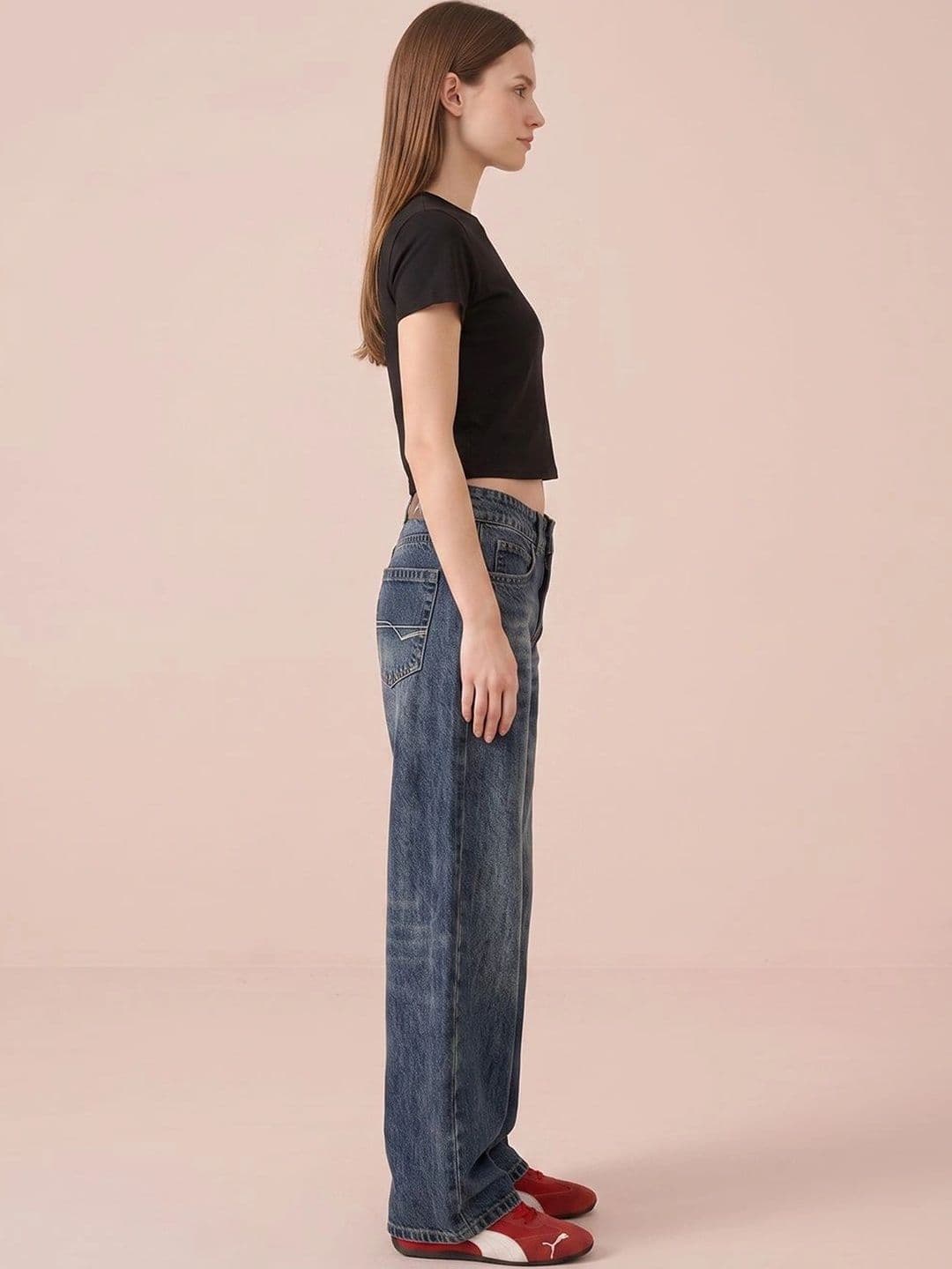 ATELIER REBEL Women Wide Leg Mid-Rise Low Distress Heavy Fade Jeans thumbnail 2
