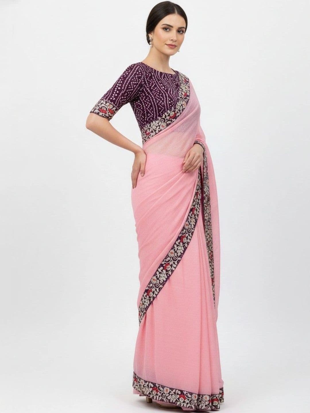 SmileyFashion Floral Embroidered Poly Chiffon Designer Saree thumbnail 4