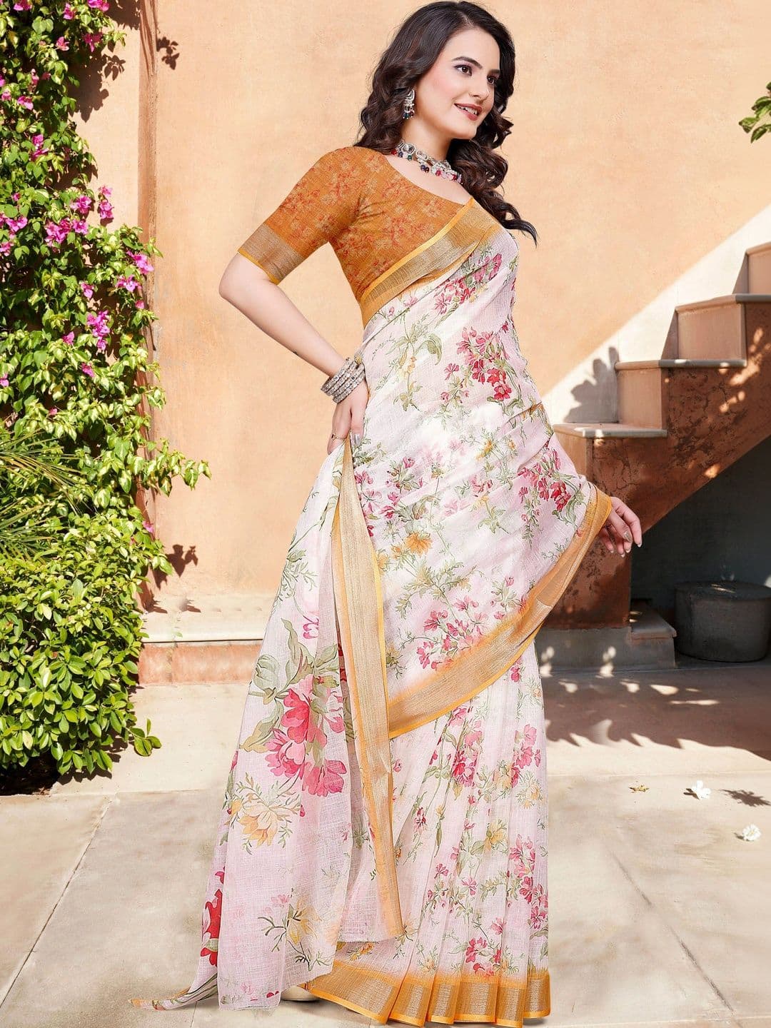 MANVAA Women Woven Design Printed Floral Saree thumbnail 5
