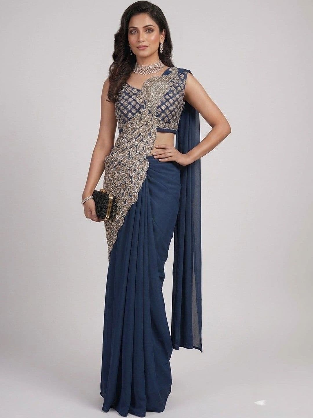 SmileyFashion Embellished Embroidered Pure Georgette Designer Saree - view 1