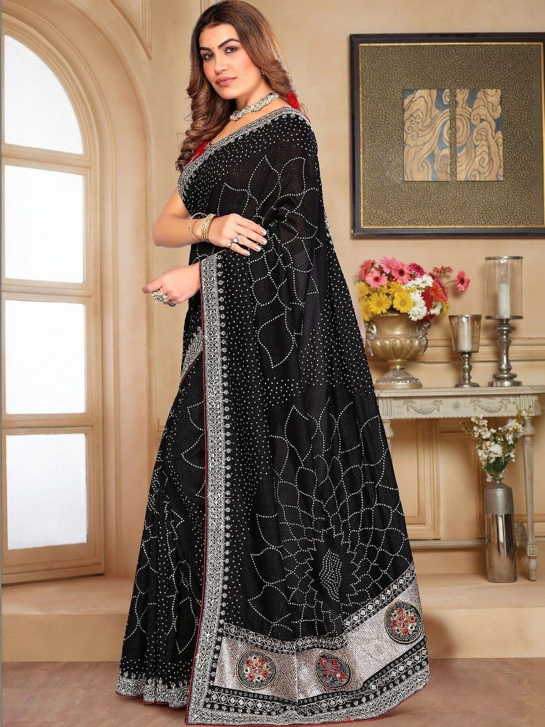 SmileyFashion Bandhani Embroidered Art Silk Designer Saree thumbnail 4