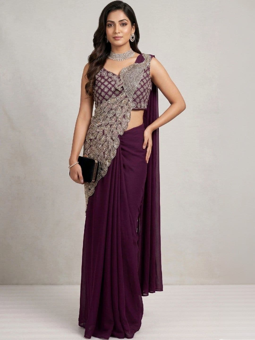 SmileyFashion Embellished Embroidered Pure Georgette Designer Saree thumbnail 4