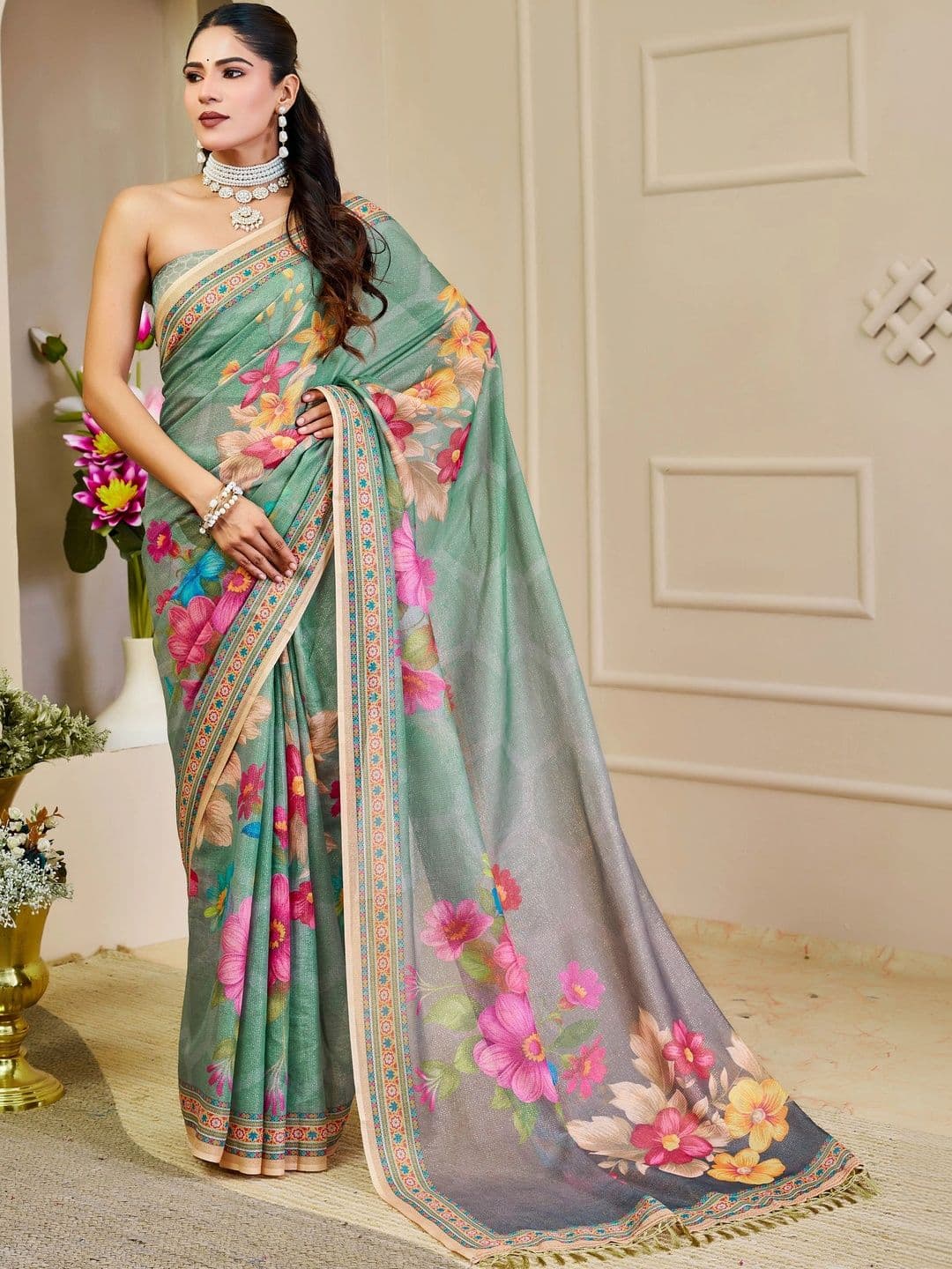 MANVAA Women Floral Silk Cotton Handloom Saree - view 1