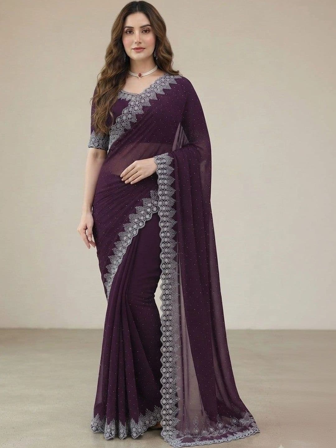 SmileyFashion Embroidered Pure Georgette Saree thumbnail 2