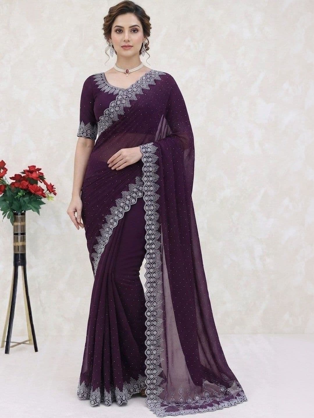 SmileyFashion Embellished Pure Georgette Saree thumbnail 3