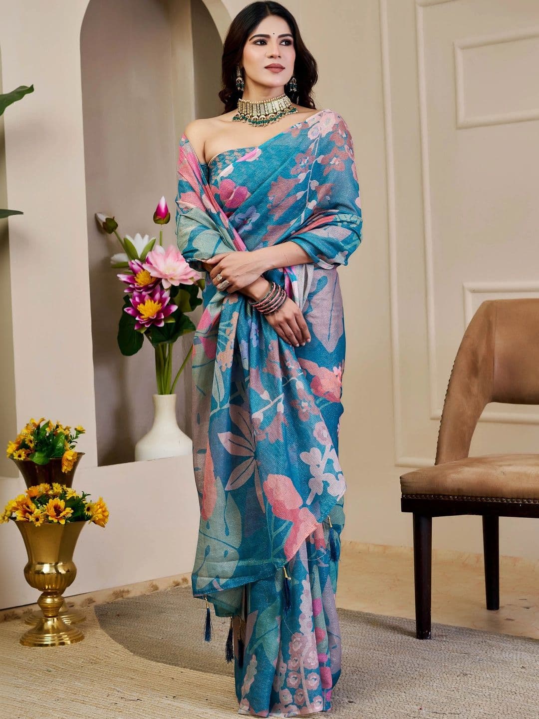 HERE&NOW Women Floral Printed Silk Cotton Handloom Saree thumbnail 3