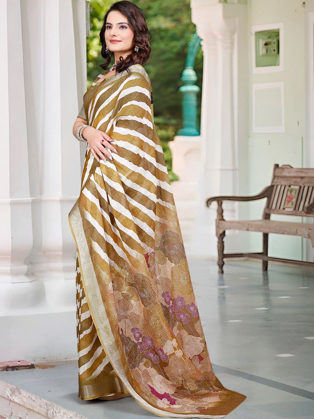 MANVAA Women's Gold Brown Cotton Linen Saree thumbnail 6