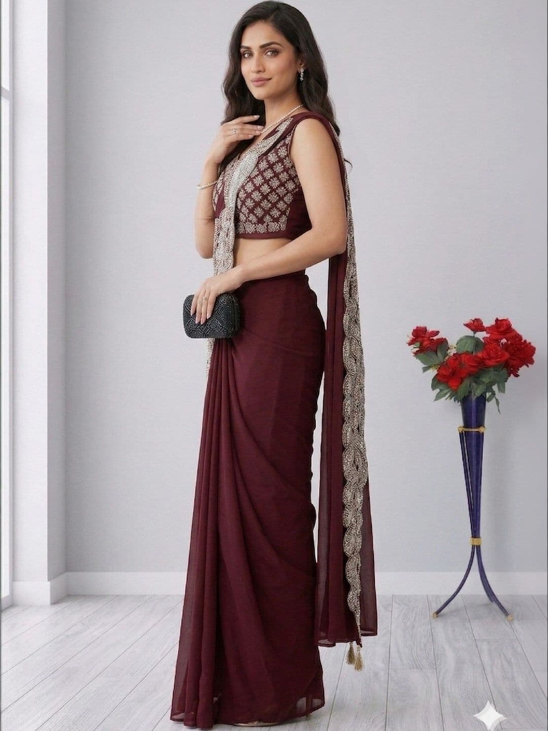 SmileyFashion Embellished Embroidered Pure Georgette Designer Saree thumbnail 3