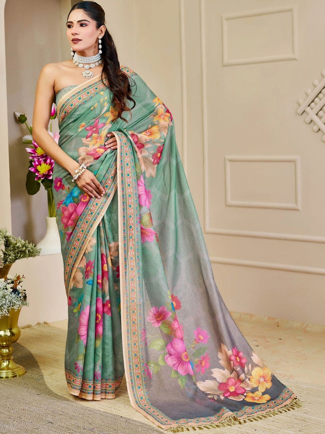 Maroosh Floral Silk Cotton Handloom Saree - view 1