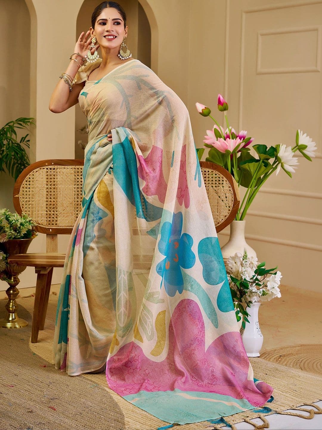 MANVAA Women  Floral Silk Cotton Handloom Saree thumbnail 4