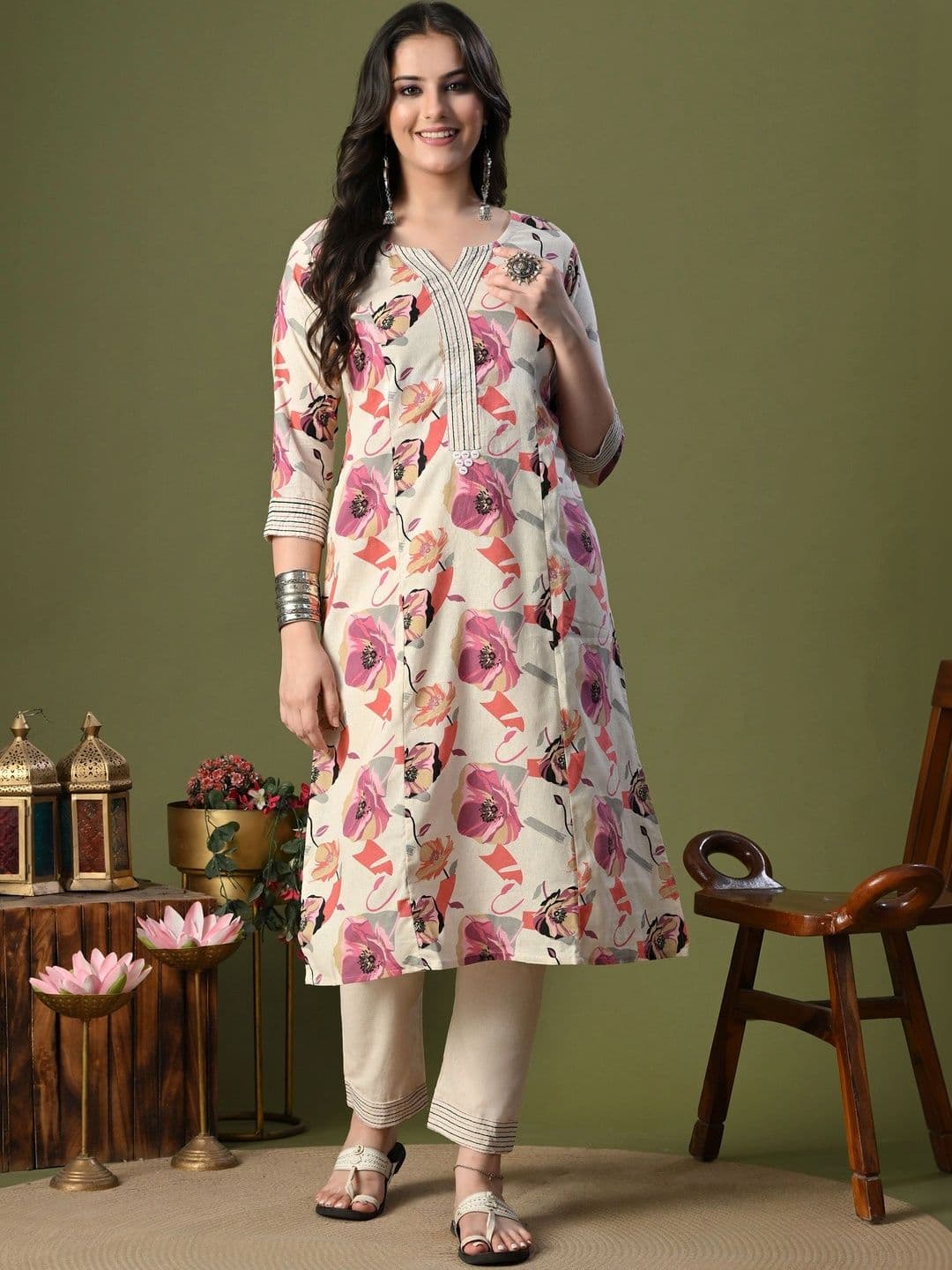 ROSHNI Women Floral Printed Regular Pure Cotton Kurta with Trousers - view 1