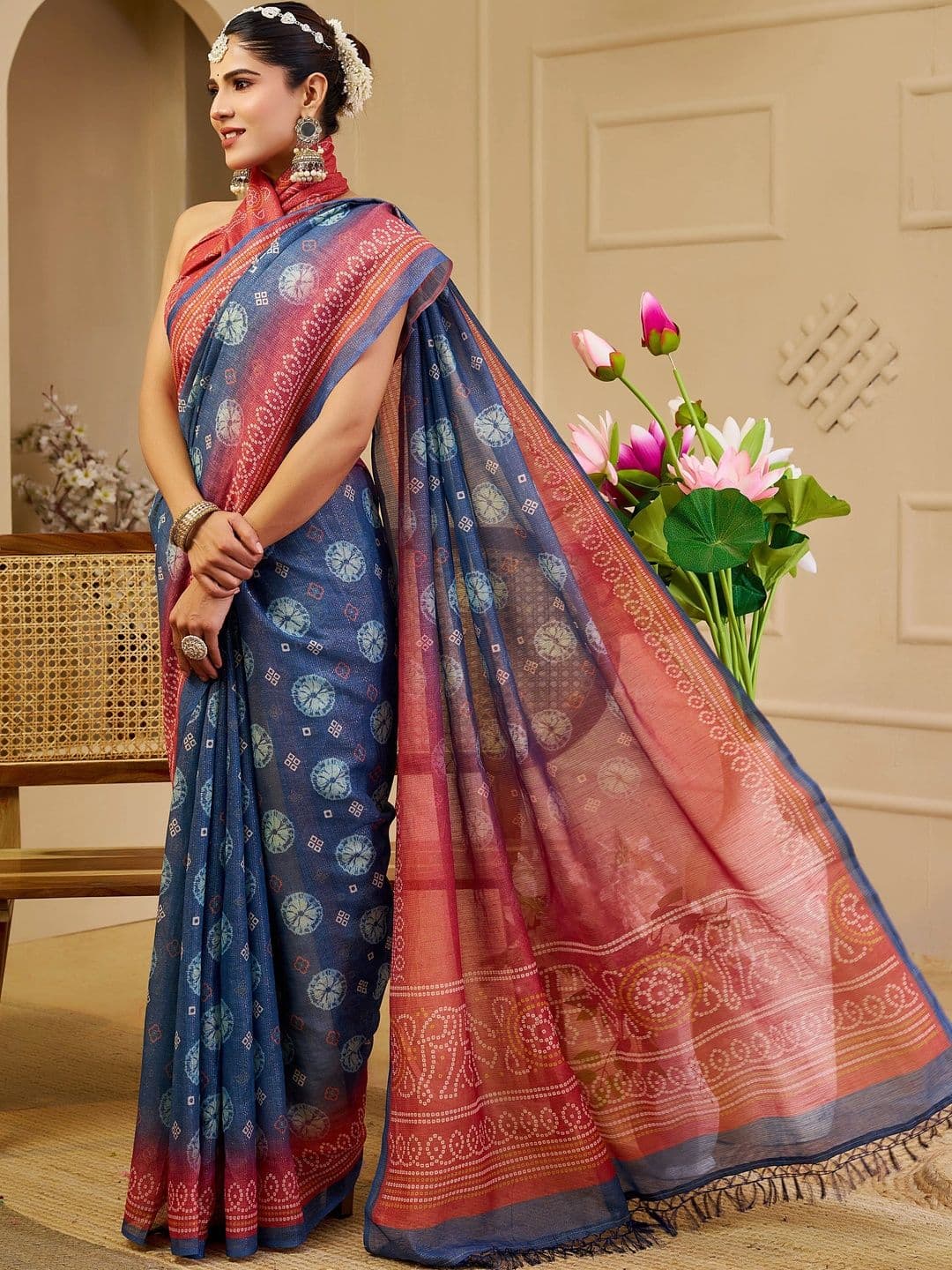 HERE&NOW Bandhani Silk Cotton Handloom Saree thumbnail 4