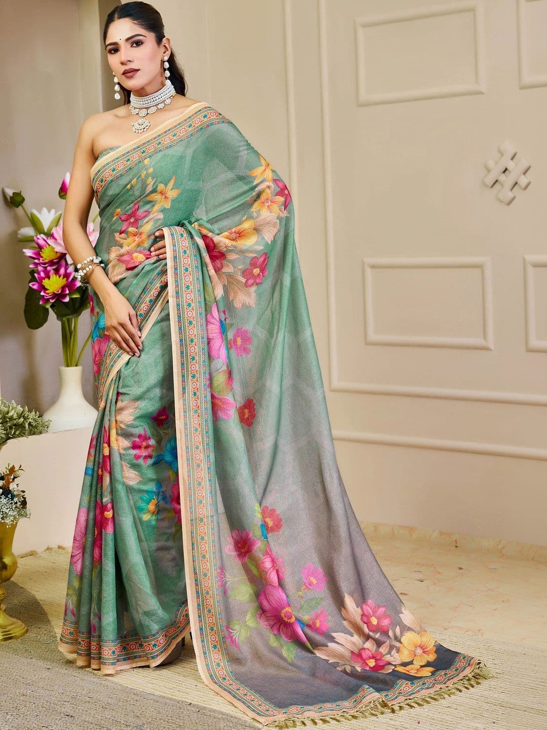 HERE&NOW Floral Silk Cotton Fusion Saree thumbnail 7