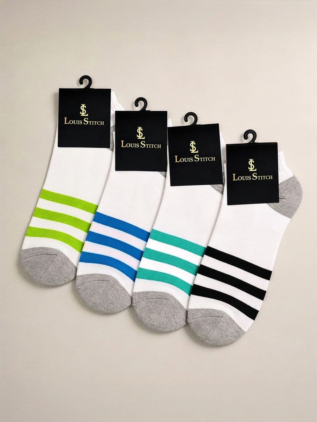 LOUIS STITCH Men Pack of 4 Cotton Assorted Striped Ankle Length Socks thumbnail 4