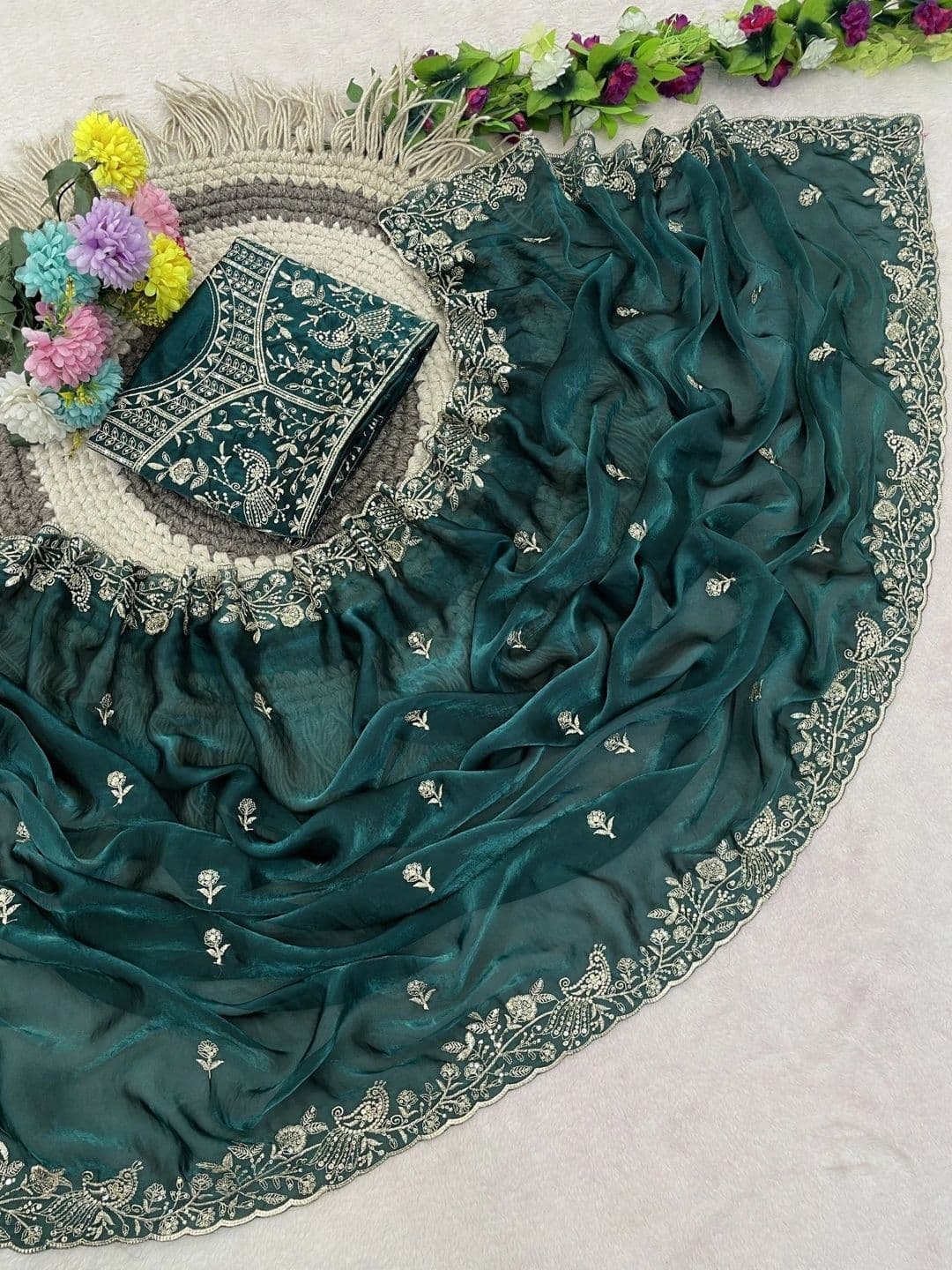 Zari and Ziba Floral Embroidered Satin Designer Saree thumbnail 2