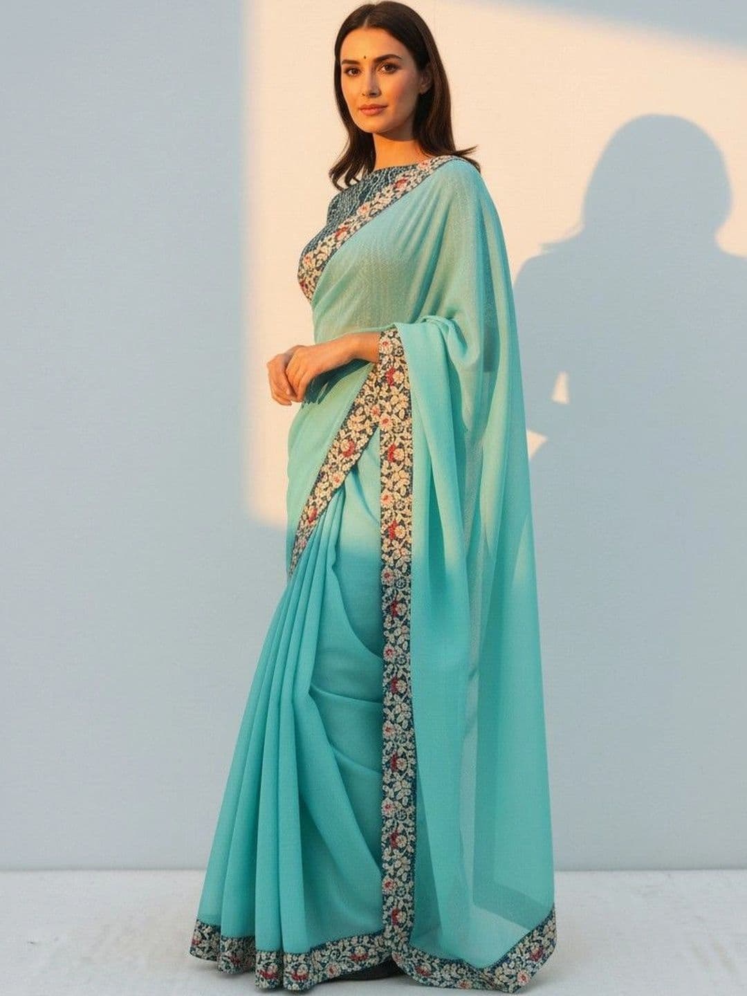 SmileyFashion Floral Poly Chiffon Designer Saree thumbnail 5