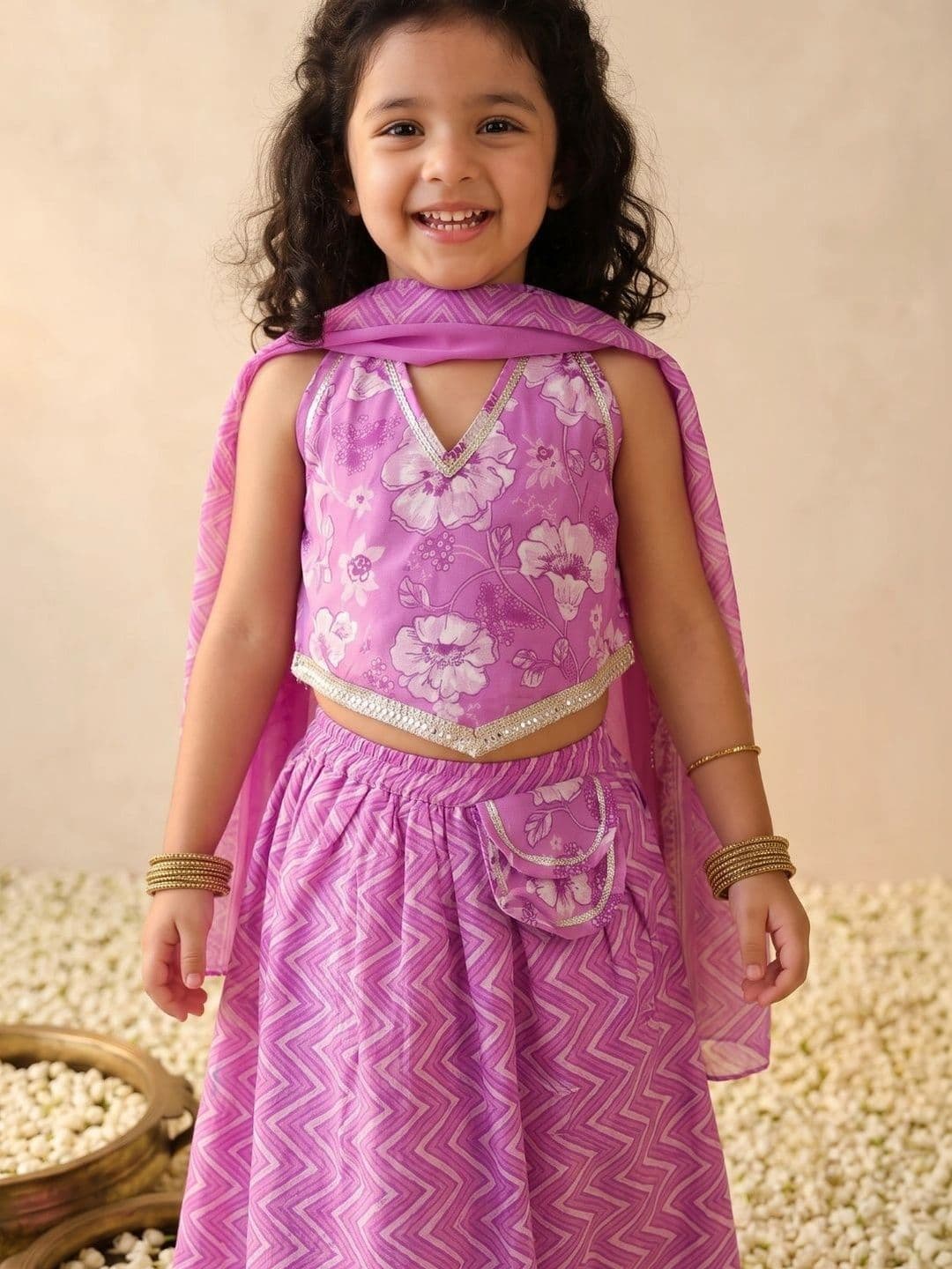Aj DEZInES Girls Printed Ready to Wear Lehenga & Blouse With Dupatta thumbnail 4