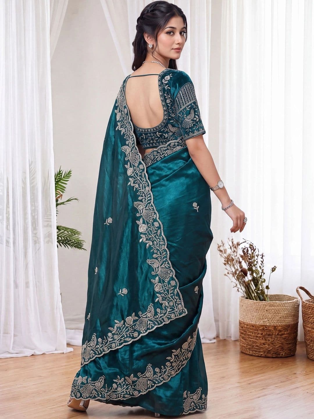 Zari and Ziba Floral Embroidered Satin Designer Saree thumbnail 3