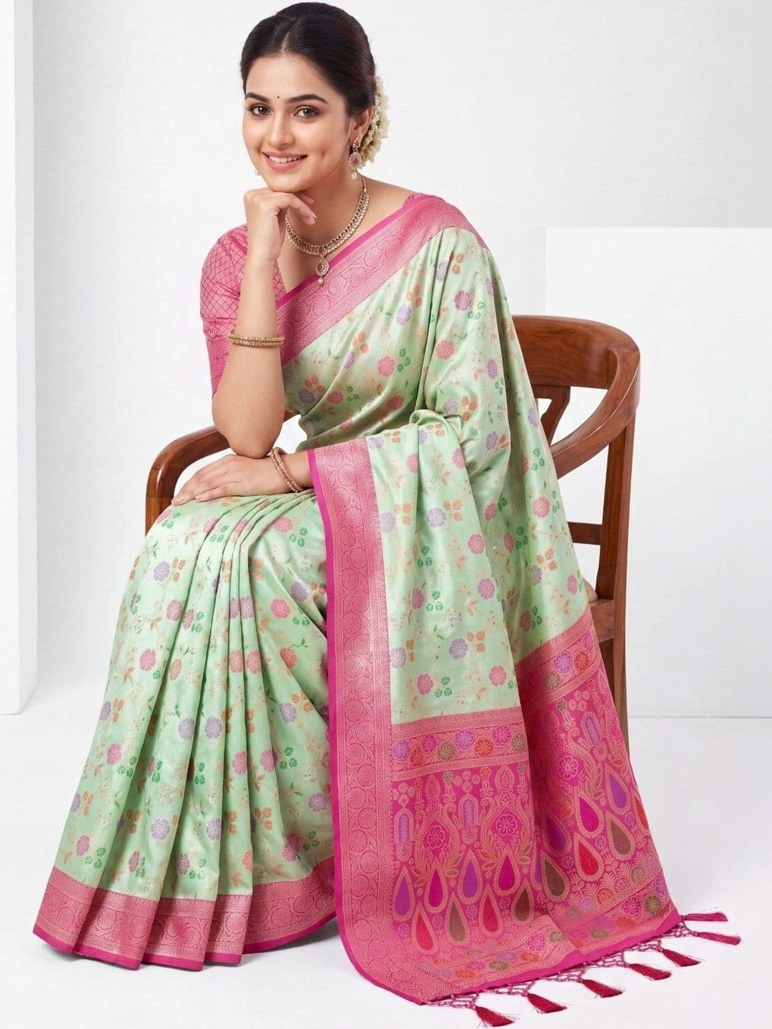 KALINI Floral Zari Art Silk Fusion Banarasi Saree thumbnail 6