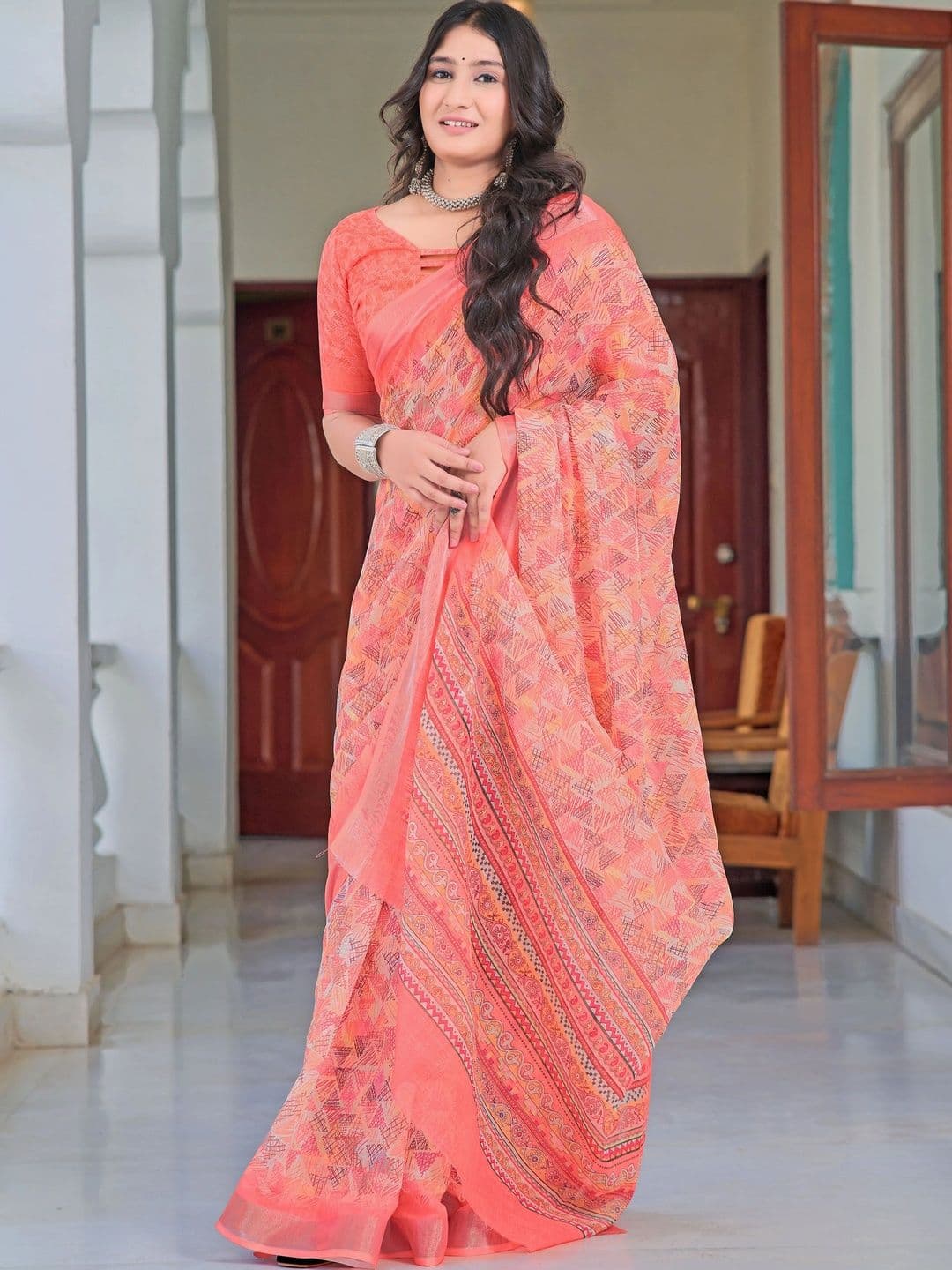HERE&NOW Women Peach Multicolor Cotton Linen Saree thumbnail 2