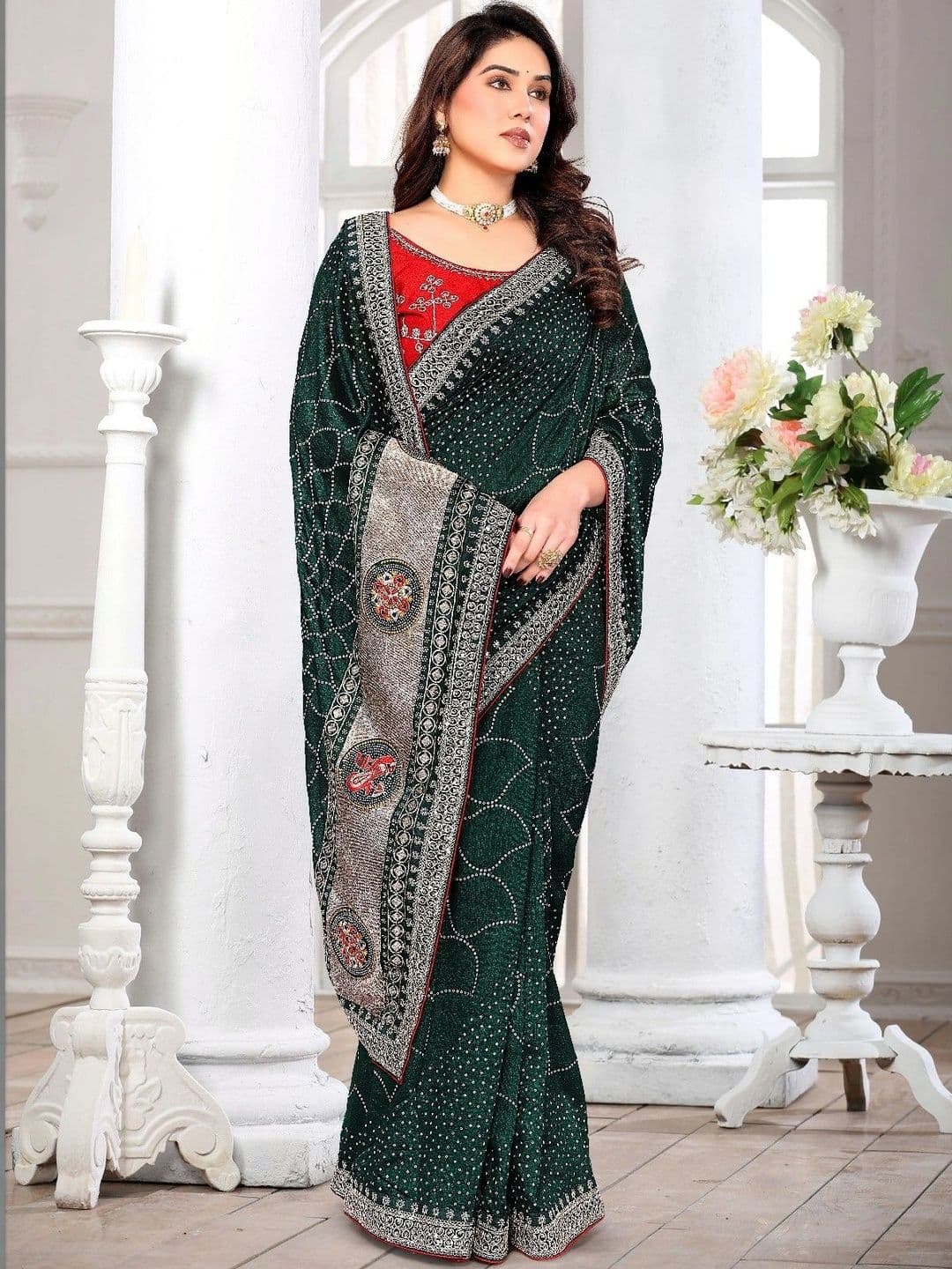 SmileyFashion Bandhani Embroidered Art Silk Designer Saree thumbnail 3