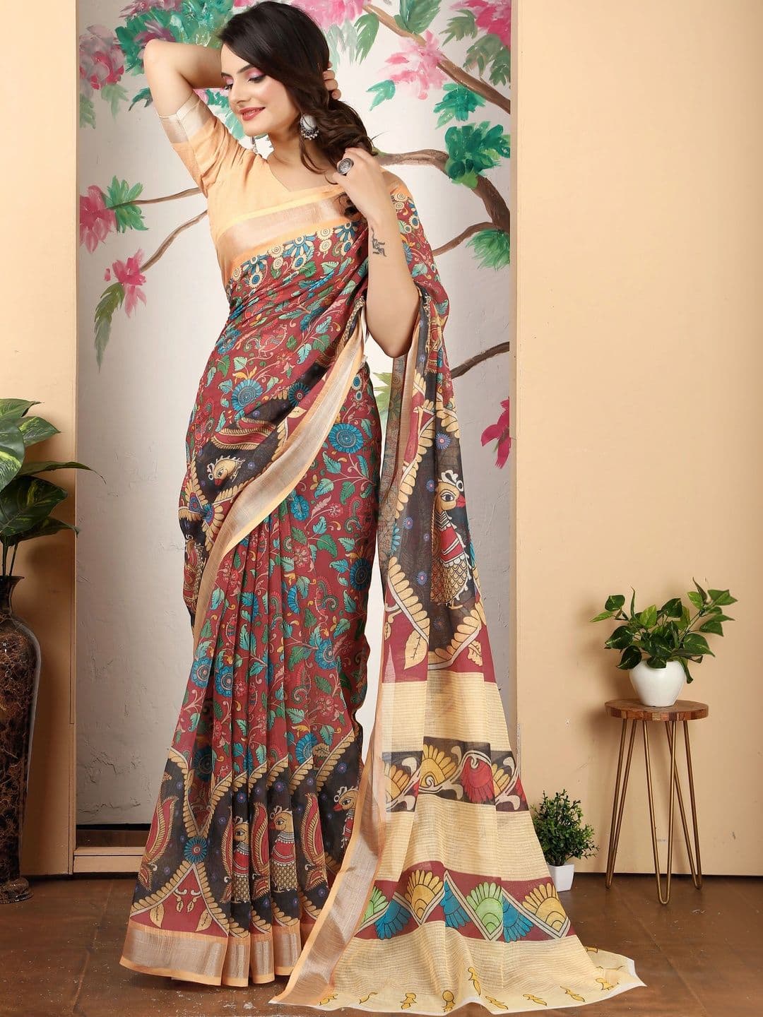 HERE&NOW Women Woven Design Kalamkari Saree thumbnail 6