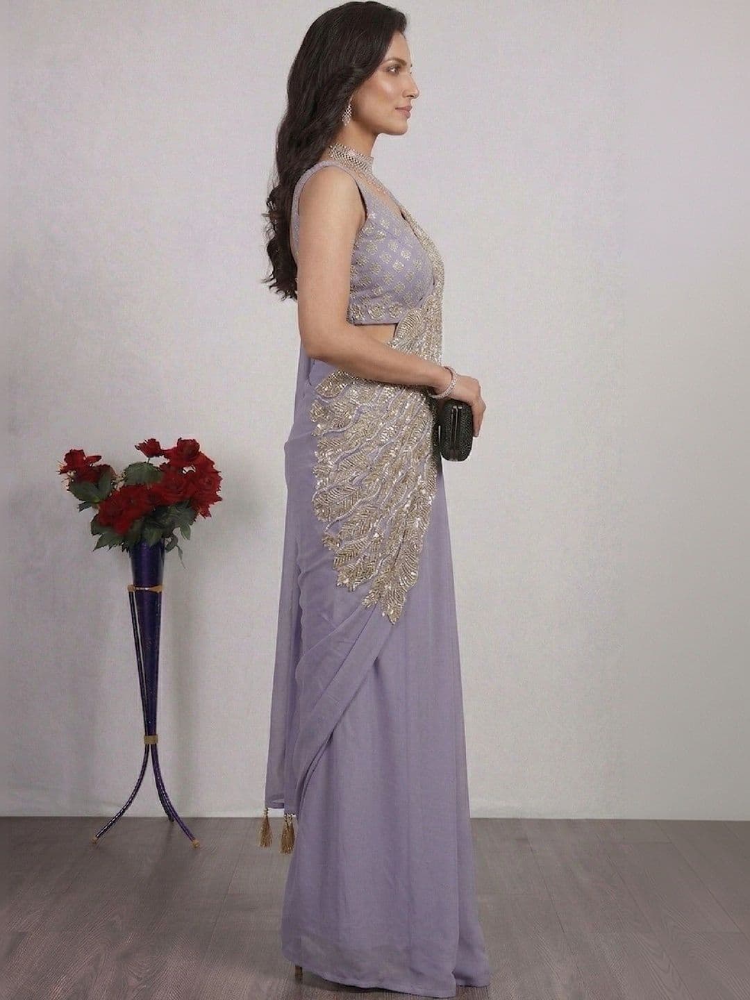 SmileyFashion Embellished Sequinned Pure Georgette Designer Saree thumbnail 3