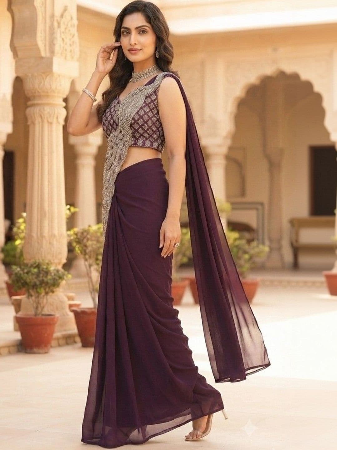SmileyFashion Embellished Sequinned Pure Georgette Designer Saree thumbnail 4
