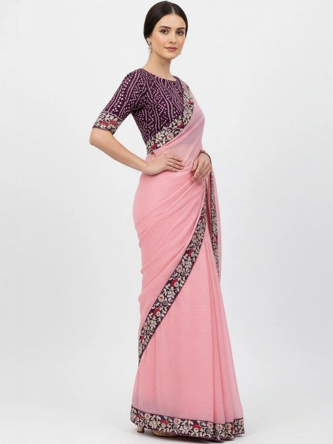 SmileyFashion Floral Embroidered Poly Chiffon Designer Saree - view 1