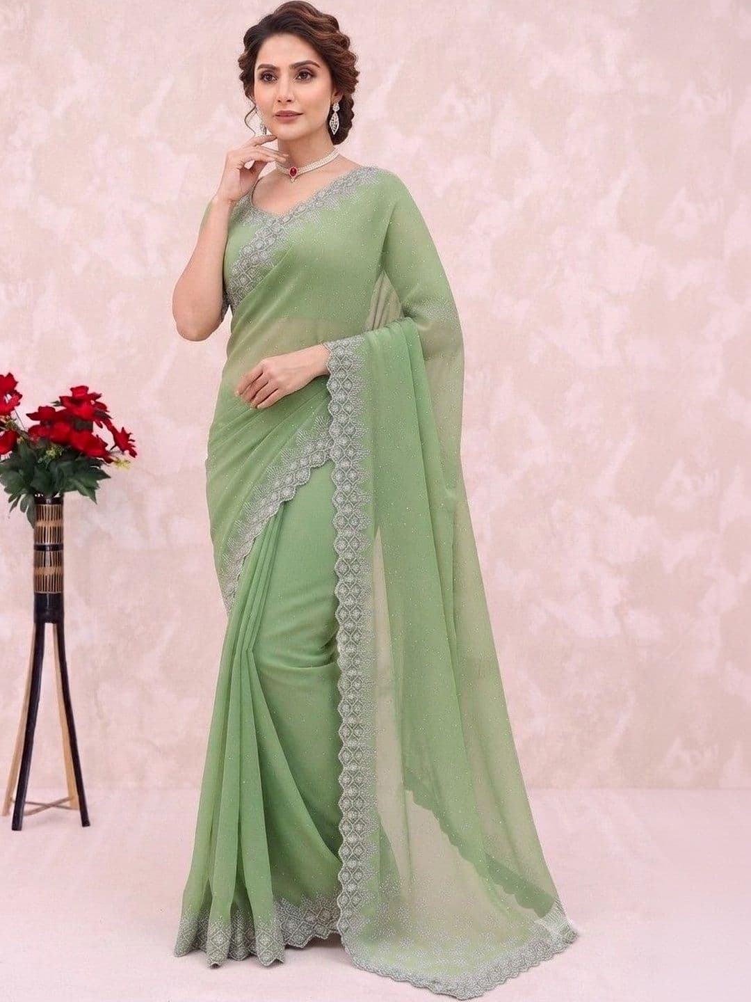 SmileyFashion Embellished Pure Georgette Saree thumbnail 3