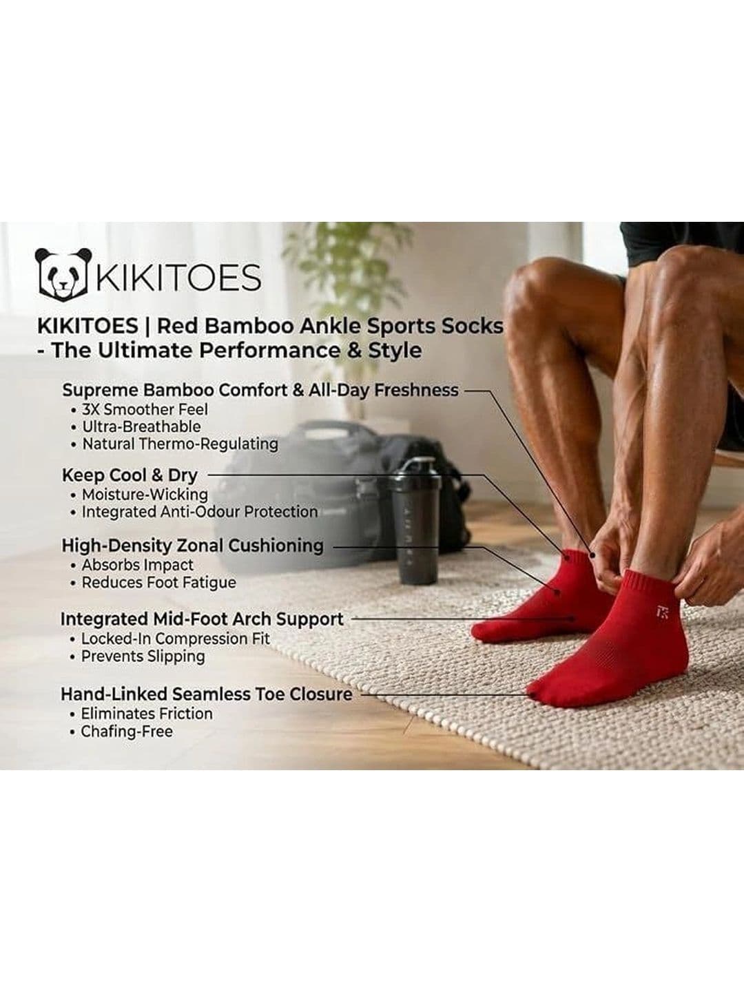 Kikitoes Men Pack of 2 Bamboo Solid Ankle Sports Socks Soft Cushioned Breathable thumbnail 3