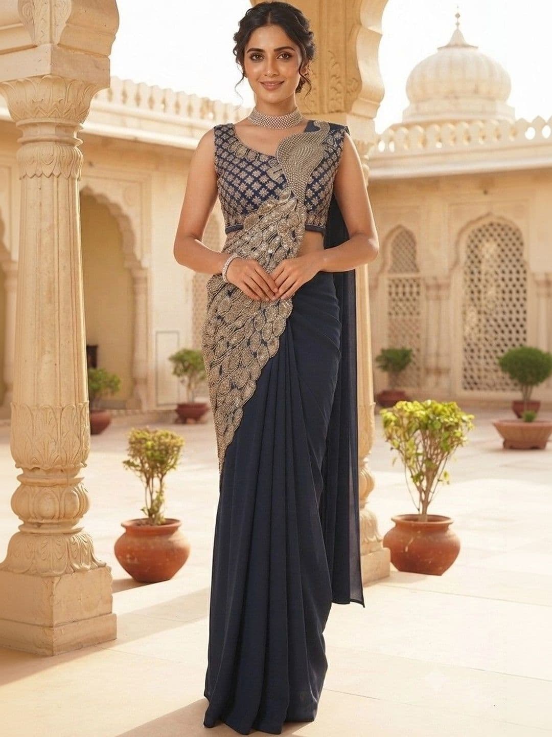 SmileyFashion Embellished Embroidered Pure Georgette Designer Saree - view 1