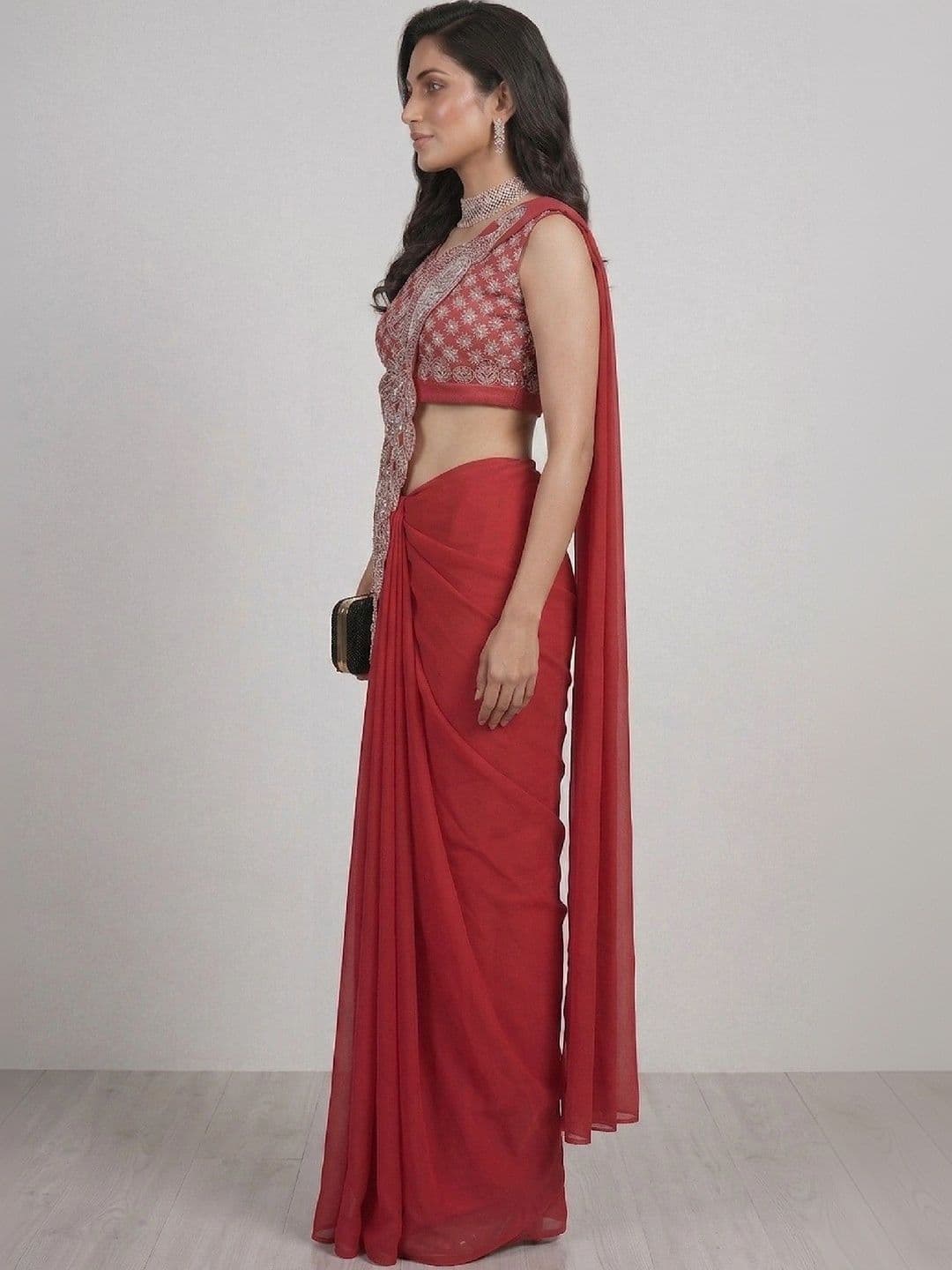 SmileyFashion Embellished Embroidered Pure Georgette Designer Saree thumbnail 4