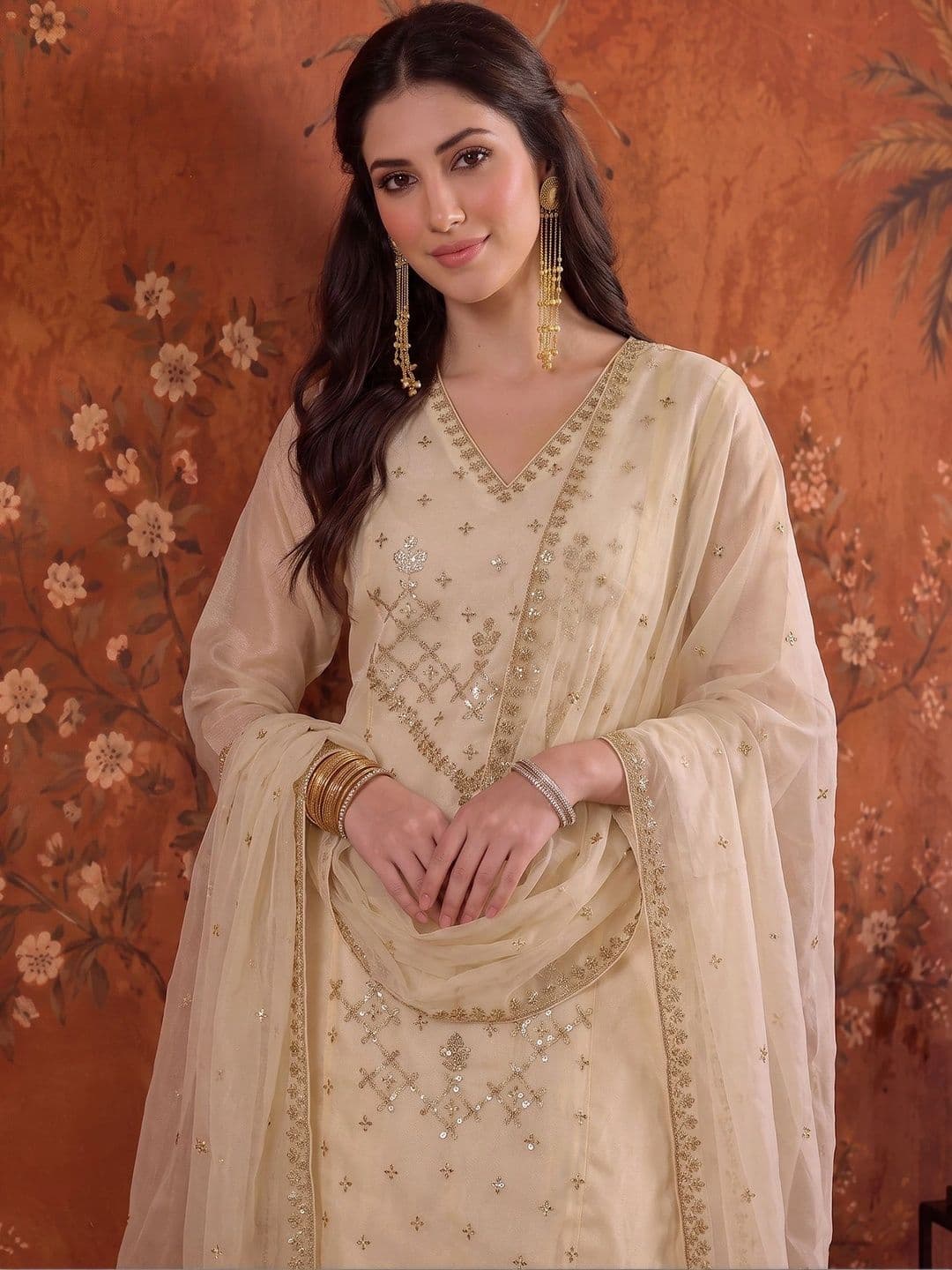 Sangria Embroidered V-Neck Kurta & Trousers With Dupatta - view 1