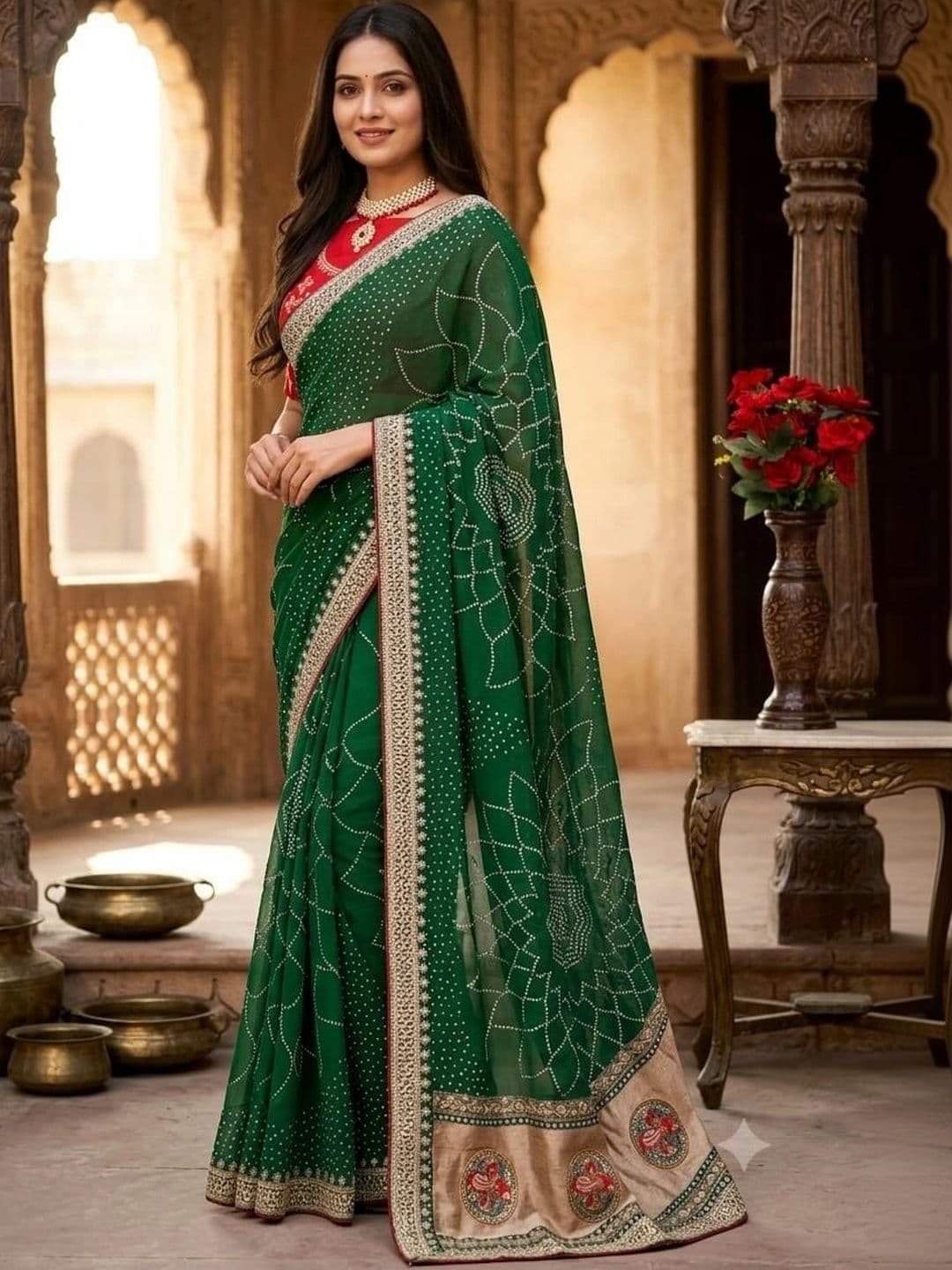 SmileyFashion Bandhani Embroidered Art Silk Designer Saree - view 1