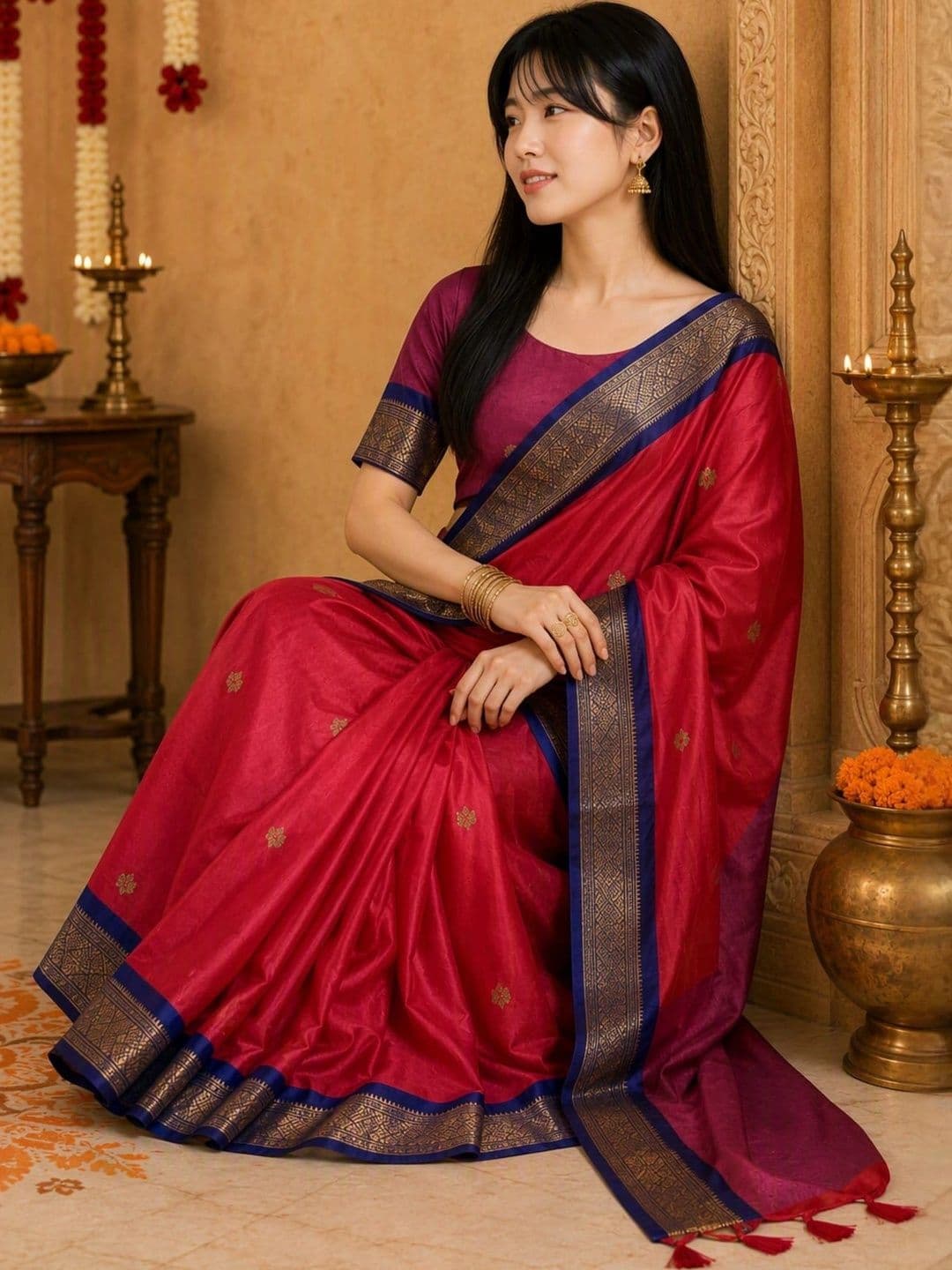 Sangria Women Cotton Woven Design Zari Kanjeevaram Saree thumbnail 5