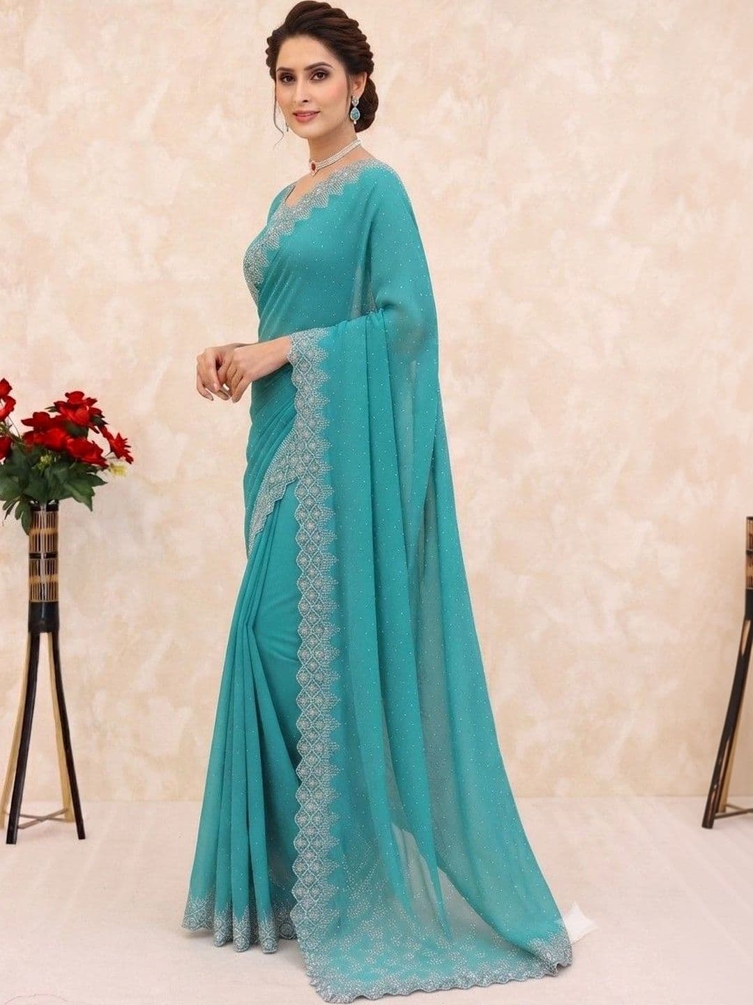 SmileyFashion Embellished Pure Georgette Saree thumbnail 4