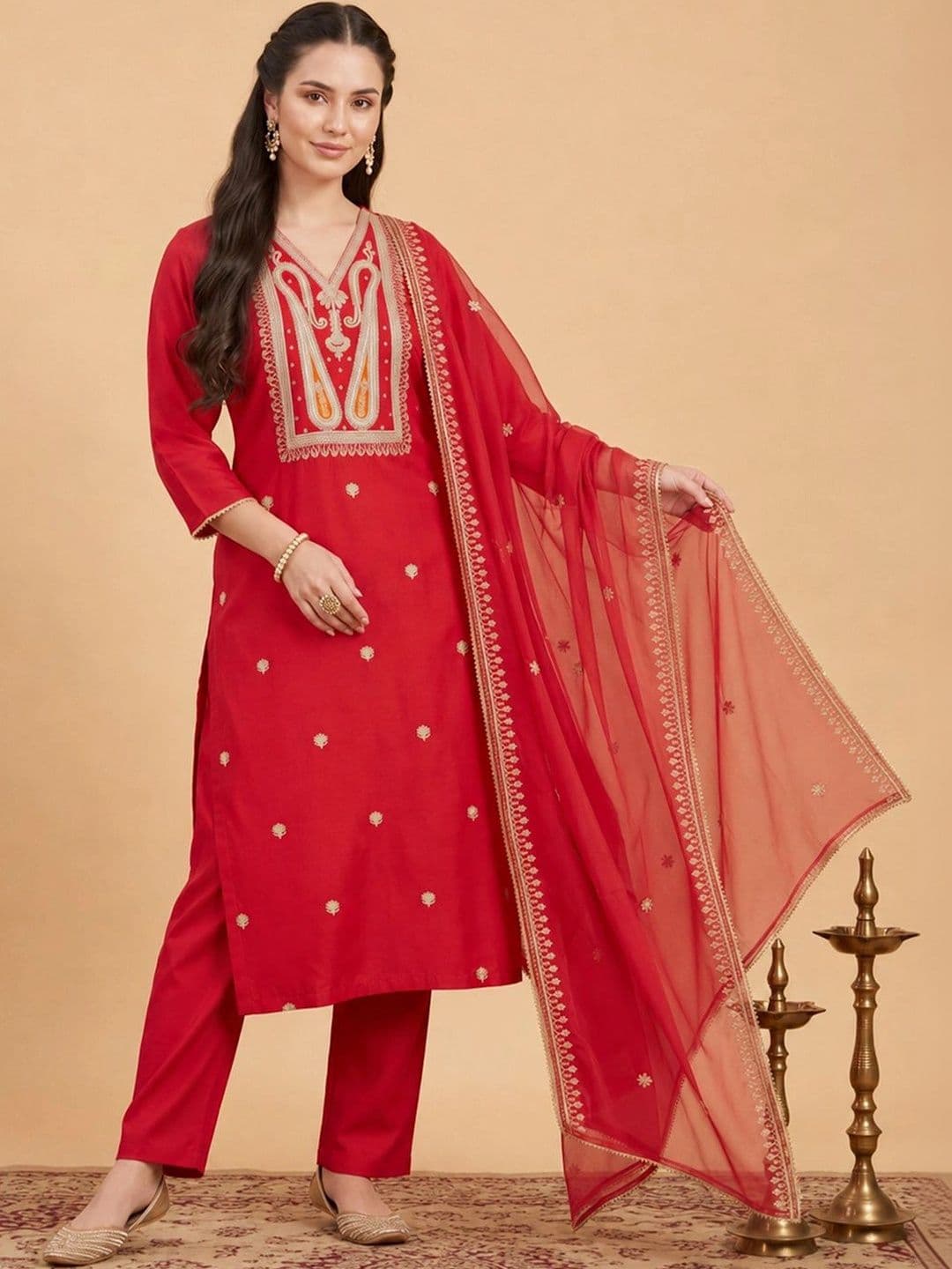 Indo Era Women Ethnic Motifs Embroidered Regular Thread Work Liva Kurta with Trousers & With Dupatta - view 1