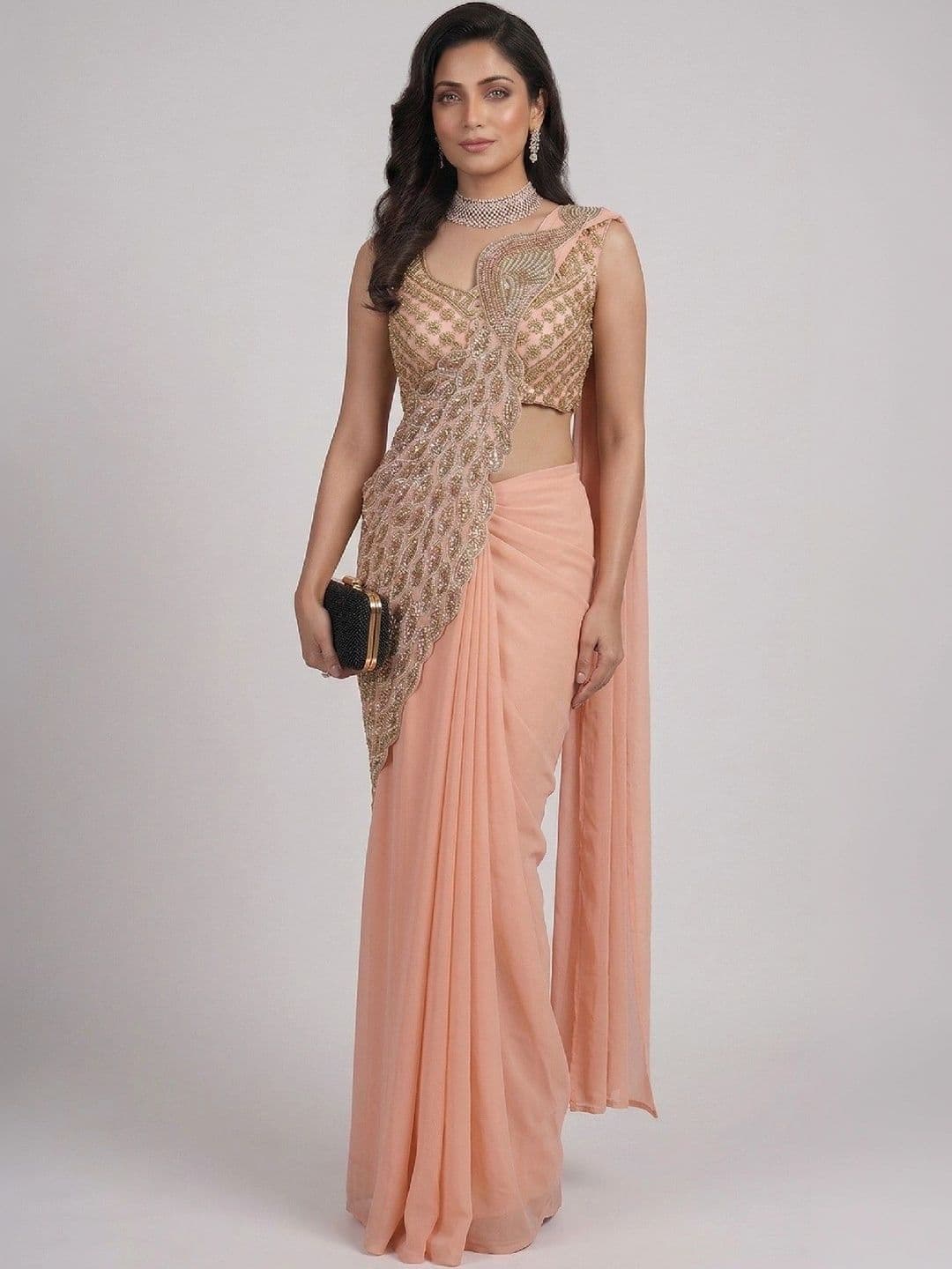 SmileyFashion Embellished Sequinned Pure Georgette Designer Saree thumbnail 2
