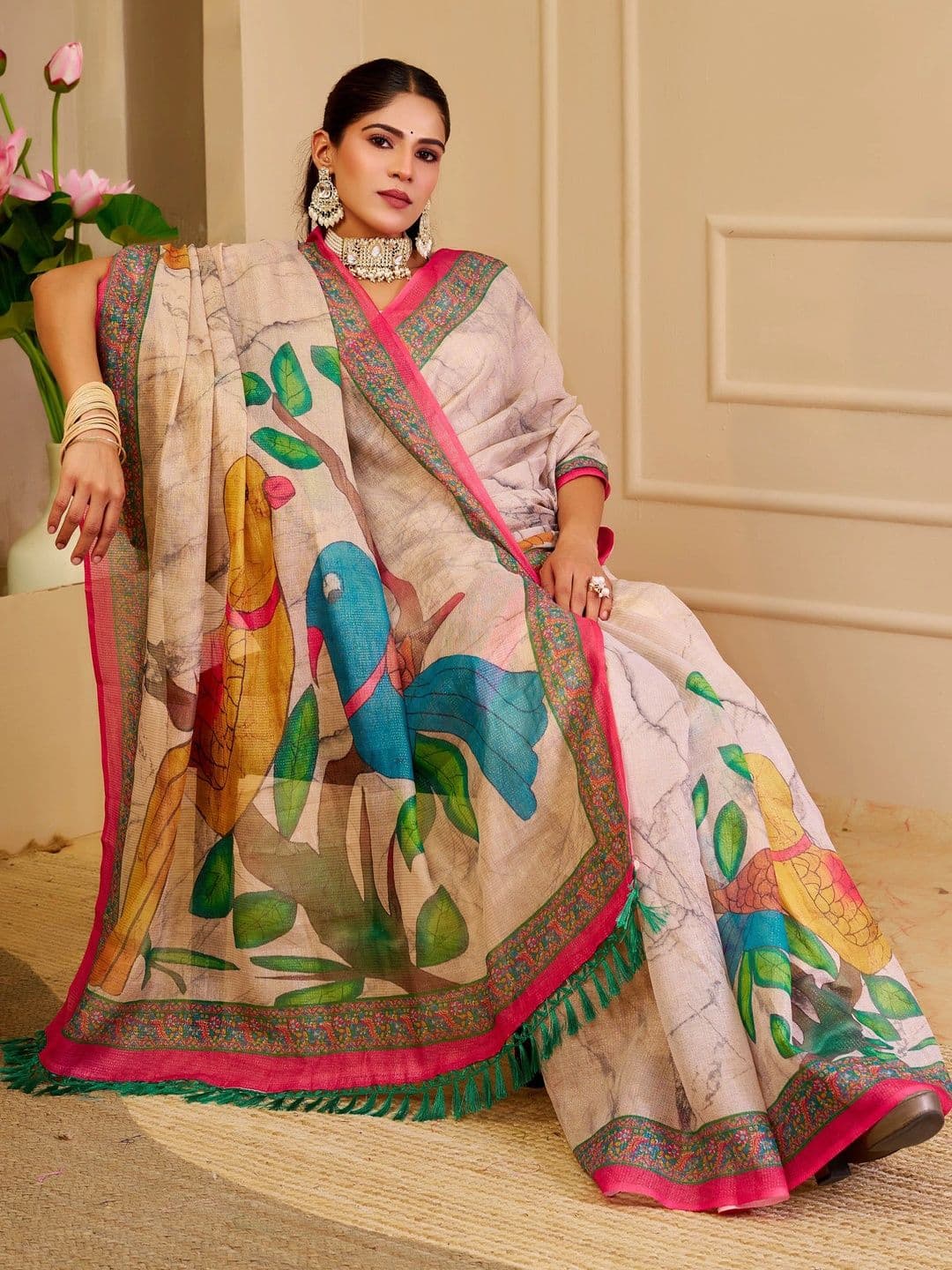 Maroosh Floral Silk Cotton Handloom Saree thumbnail 3