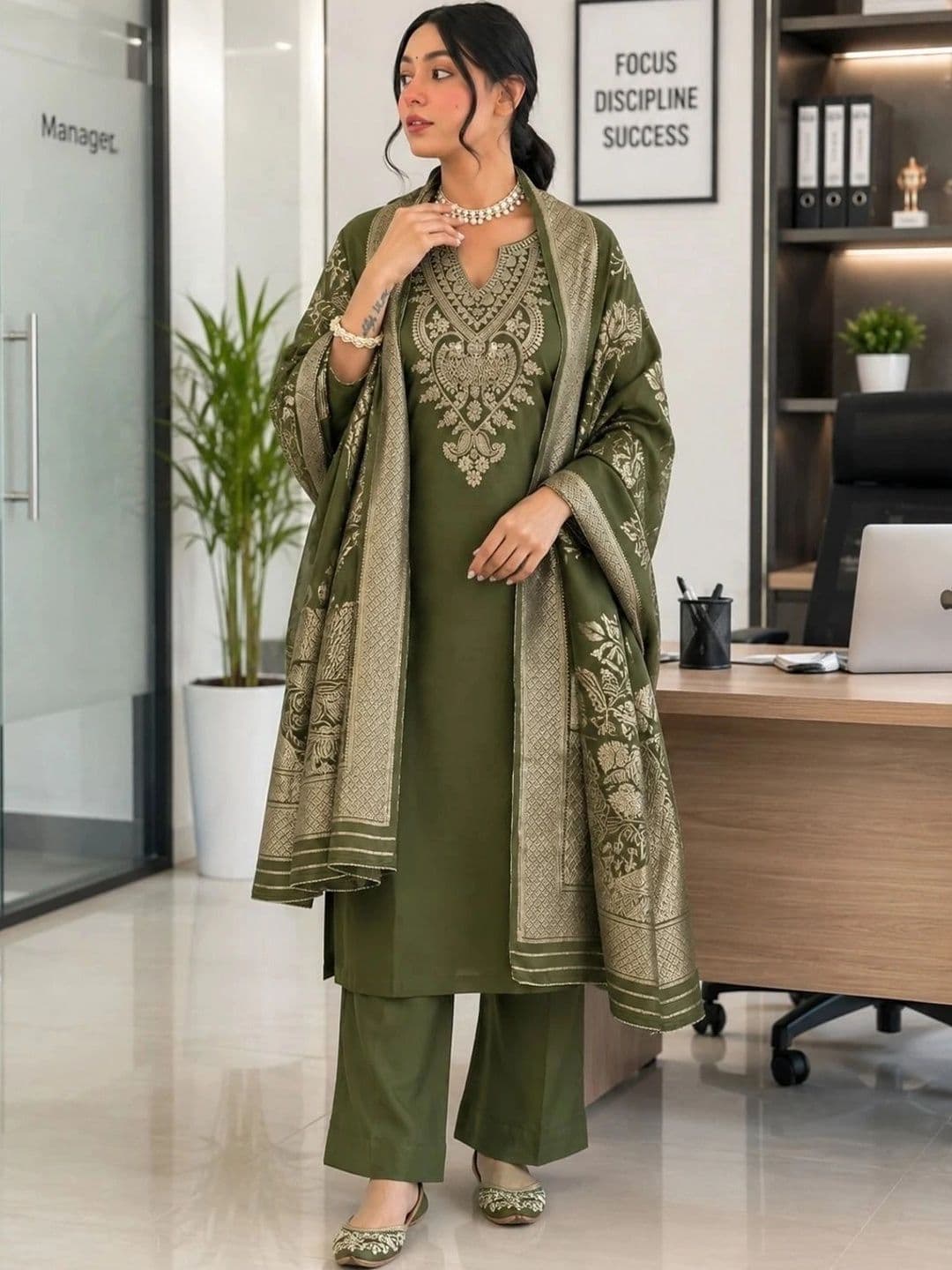 Moda Rapido Women Ethnic Motifs Embroidered Regular Thread Work Pure Cotton Kurta with Trousers & With - view 1