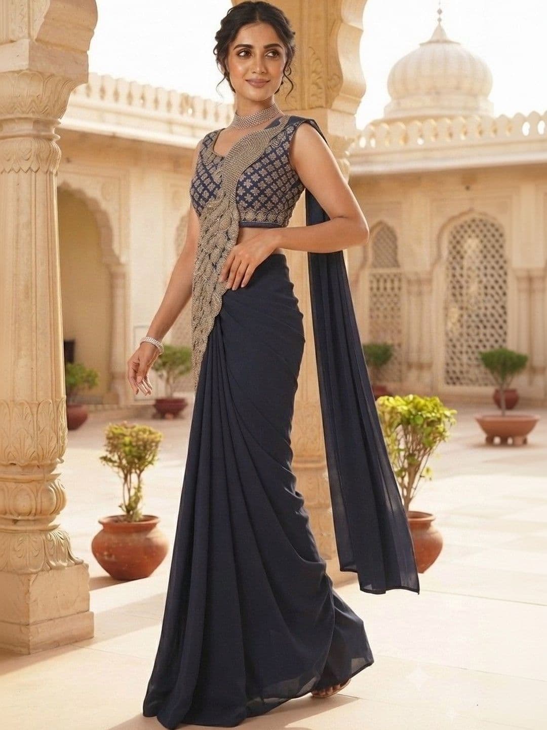 SmileyFashion Embellished Embroidered Pure Georgette Designer Saree thumbnail 2