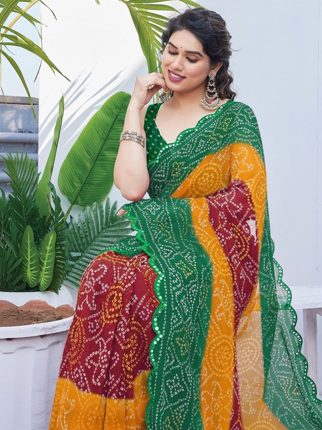 Subham Bandhani Mirror Work Poly Georgette Bandhani Saree thumbnail 6