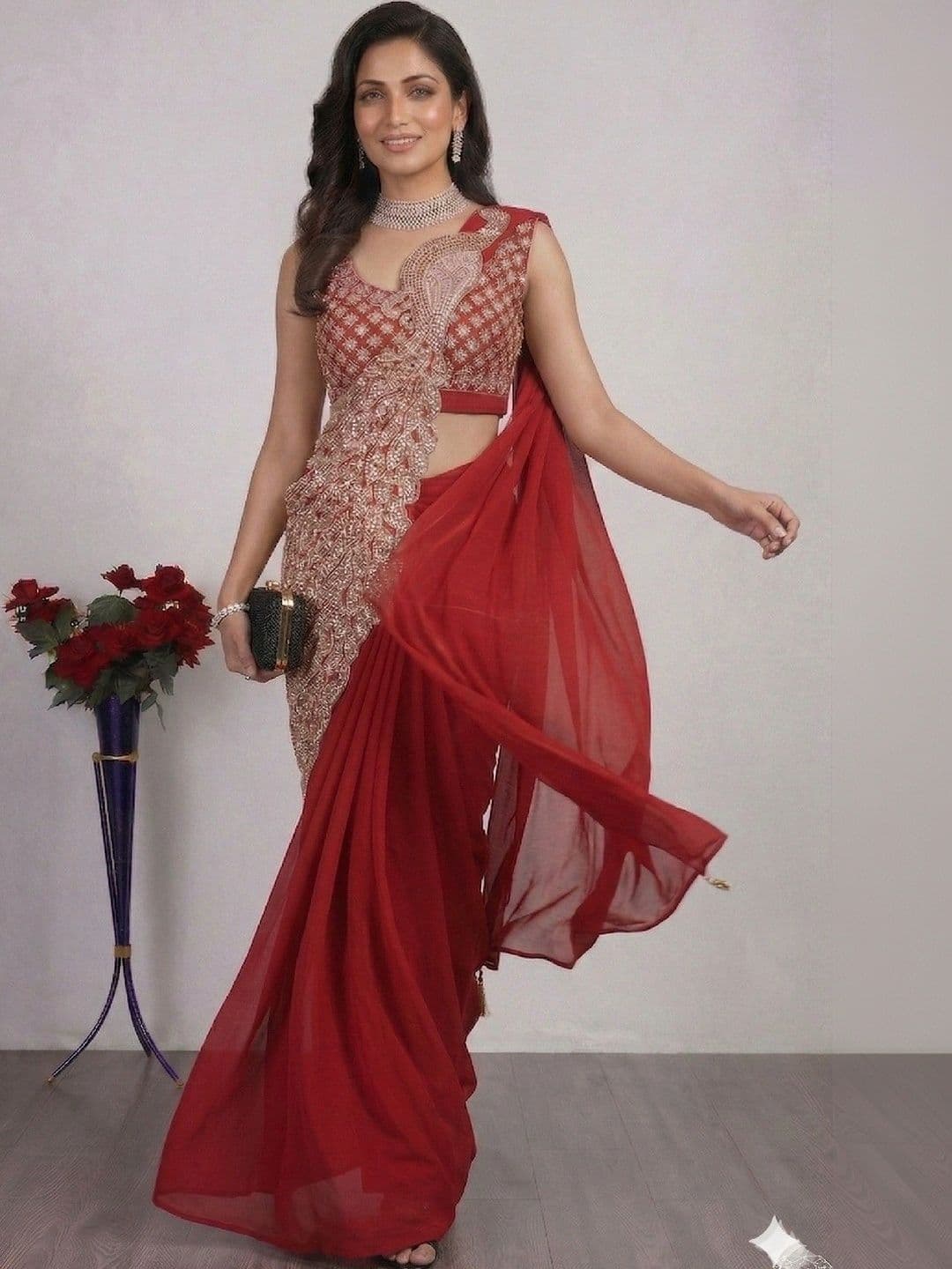 SmileyFashion Embellished Embroidered Pure Georgette Designer Saree thumbnail 2