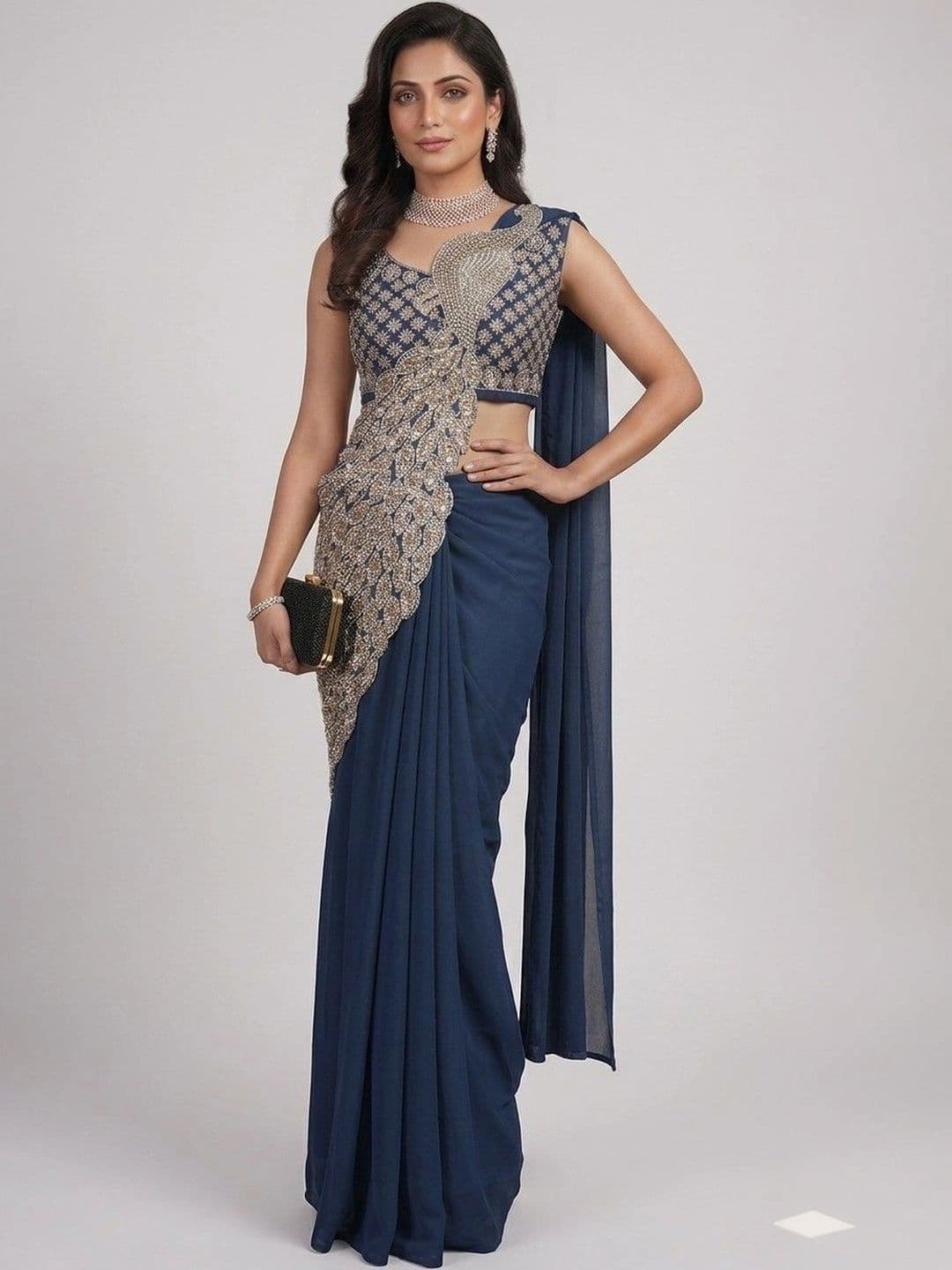 SmileyFashion Embellished Sequinned Pure Georgette Designer Saree - view 1