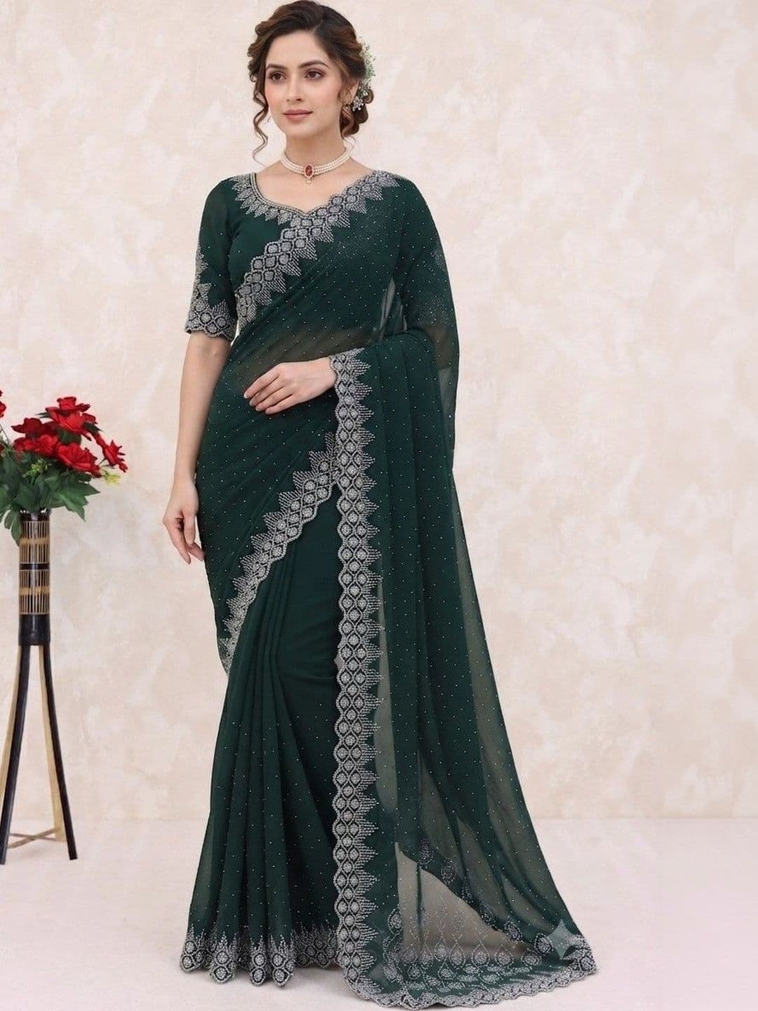 SmileyFashion Embellished Pure Georgette Saree - view 1