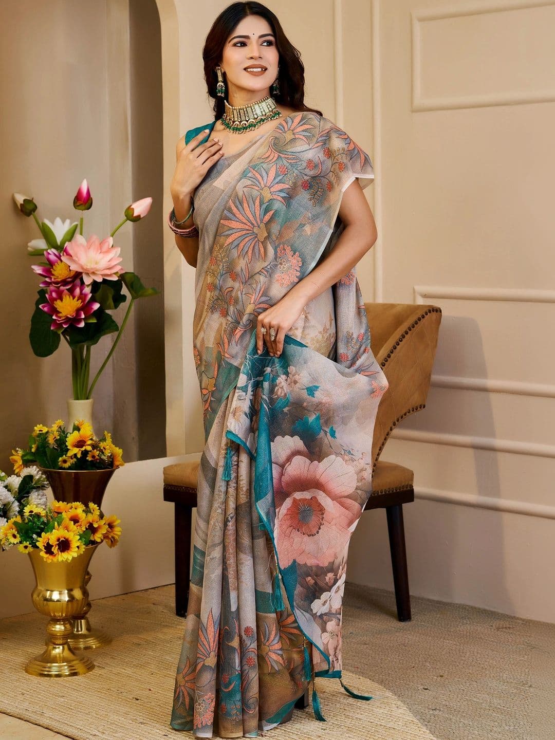 HERE&NOW Floral Silk Cotton Handloom Saree thumbnail 3