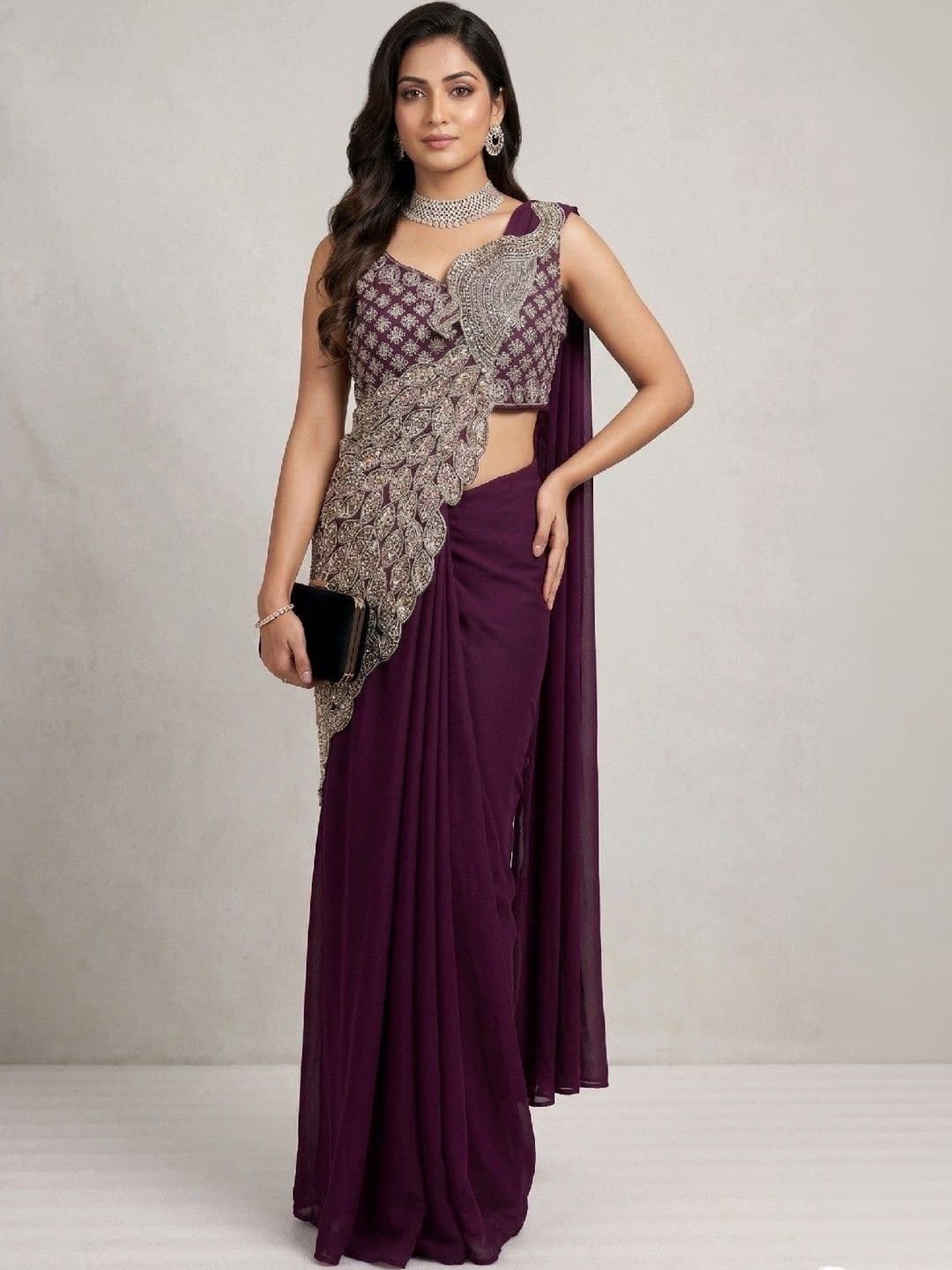 SmileyFashion Embellished Embroidered Pure Georgette Designer Saree - view 1